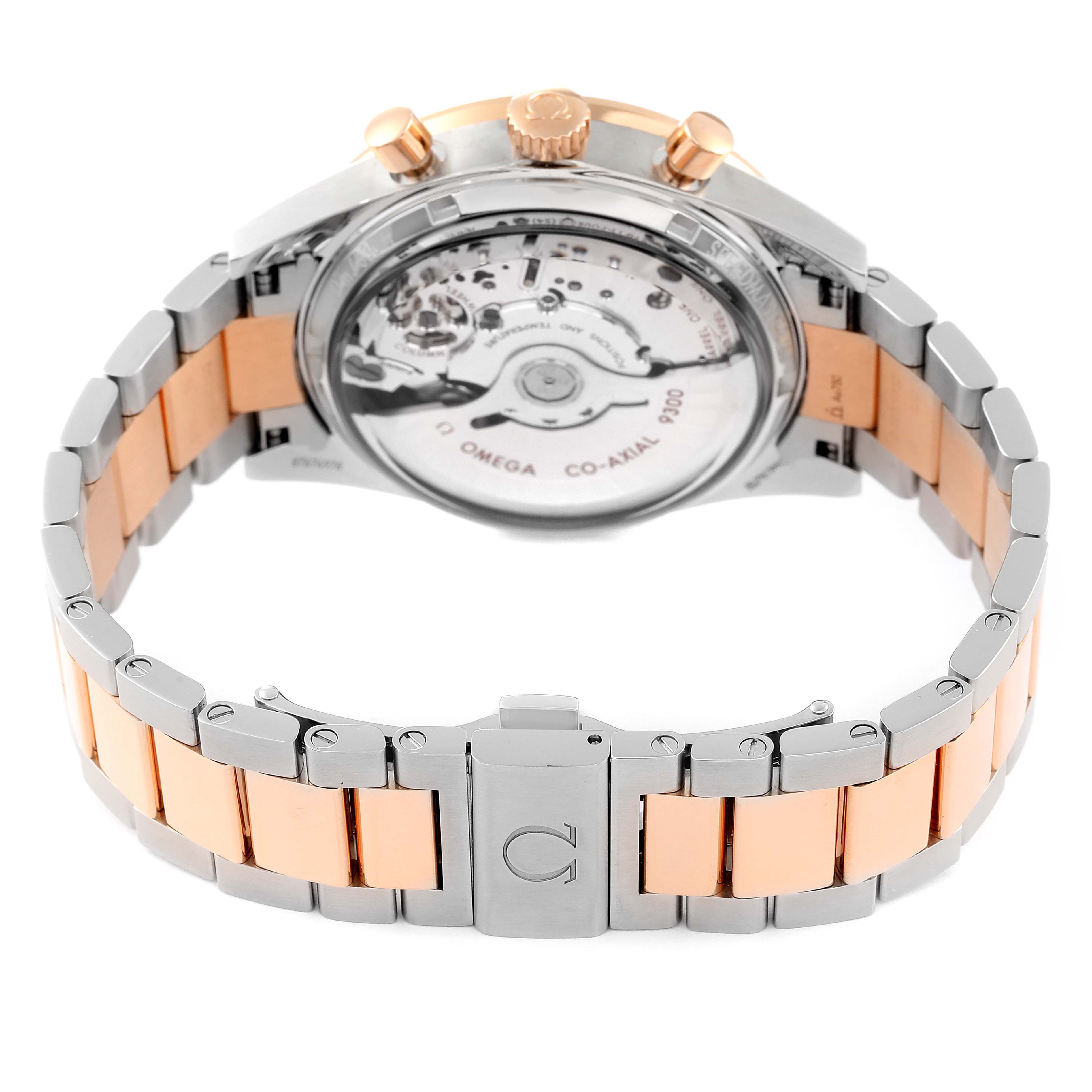 The image shows the back case and bracelet of an Omega Speedmaster 331.20.42.51.01.002 Men's Steel and Gold (two tone) Black Dial 331.20.42.51.01.002 Men's Steel and Gold (two tone) Black Dial, highlighting its open case back, crown, and pushers.