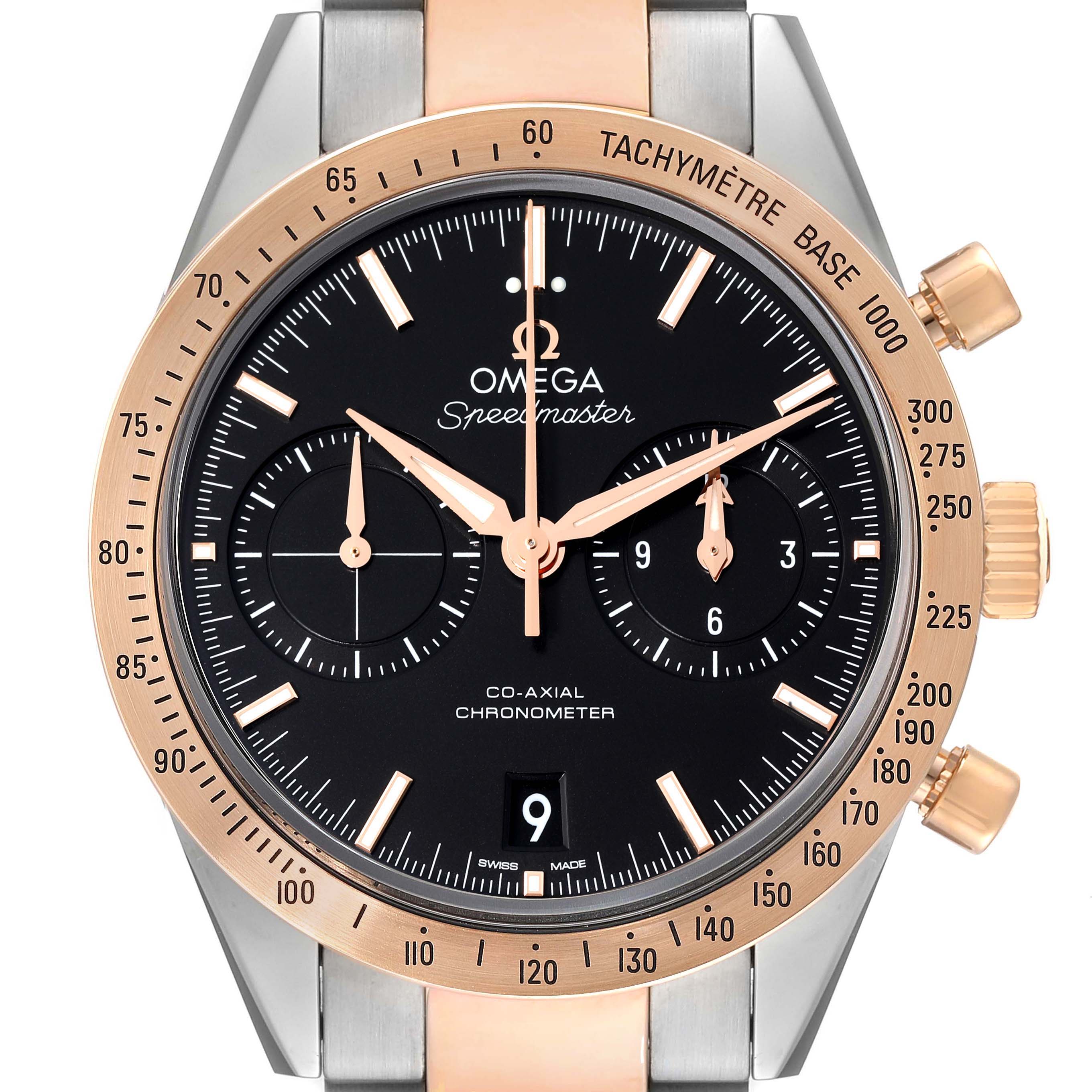 This image shows the front view of the Omega Speedmaster 331.20.42.51.01.002 Men's Steel and Gold (two tone) Black Dial 331.20.42.51.01.002 Men's Steel and Gold (two tone) Black Dial watch, highlighting its bezel, dial, hands, subdials, and crown.