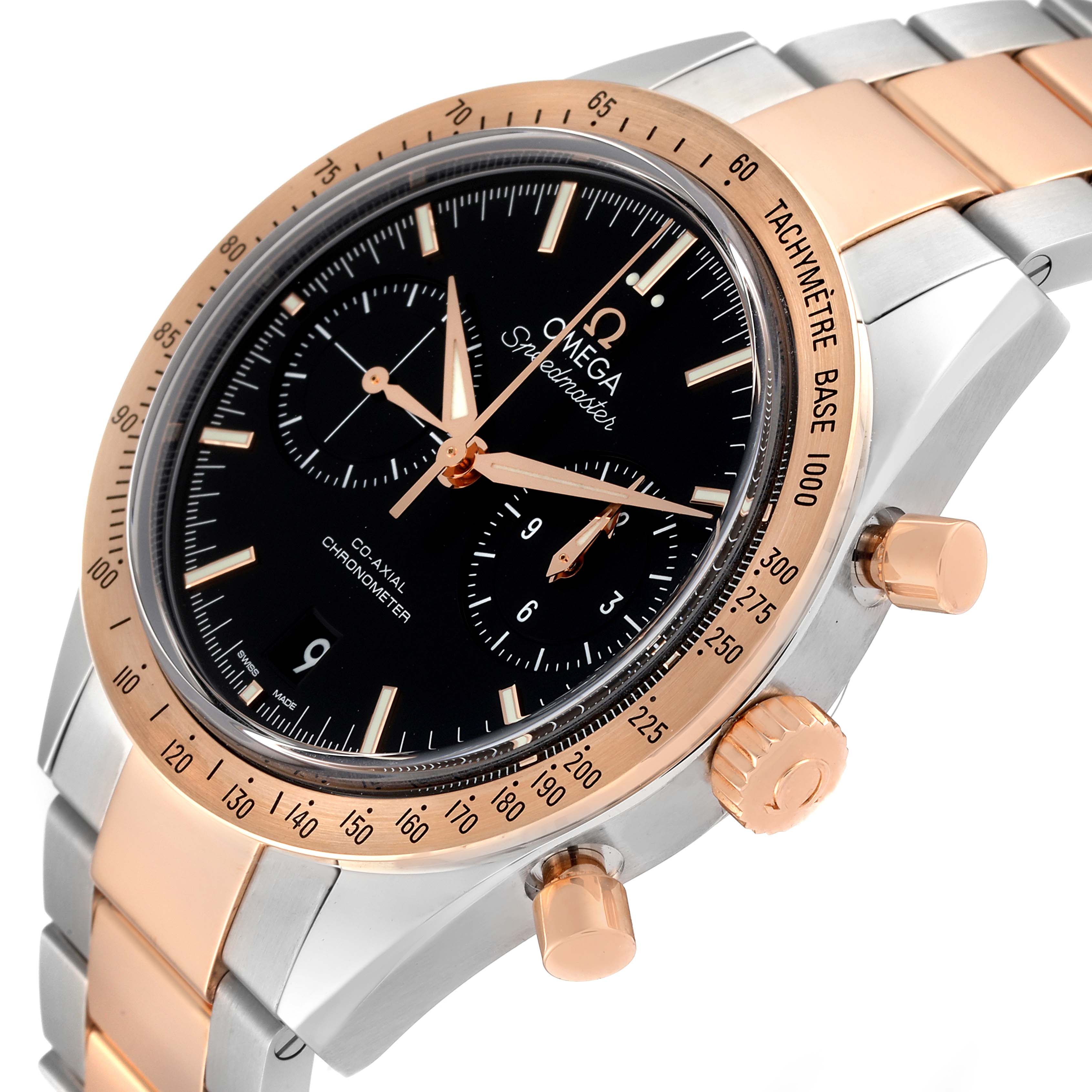 This Omega Speedmaster 331.20.42.51.01.002 Men's Steel and Gold (two tone) Black Dial 331.20.42.51.01.002 Men's Steel and Gold (two tone) Black Dial watch is shown at an angled close-up, highlighting the dial, bezel, and crown.