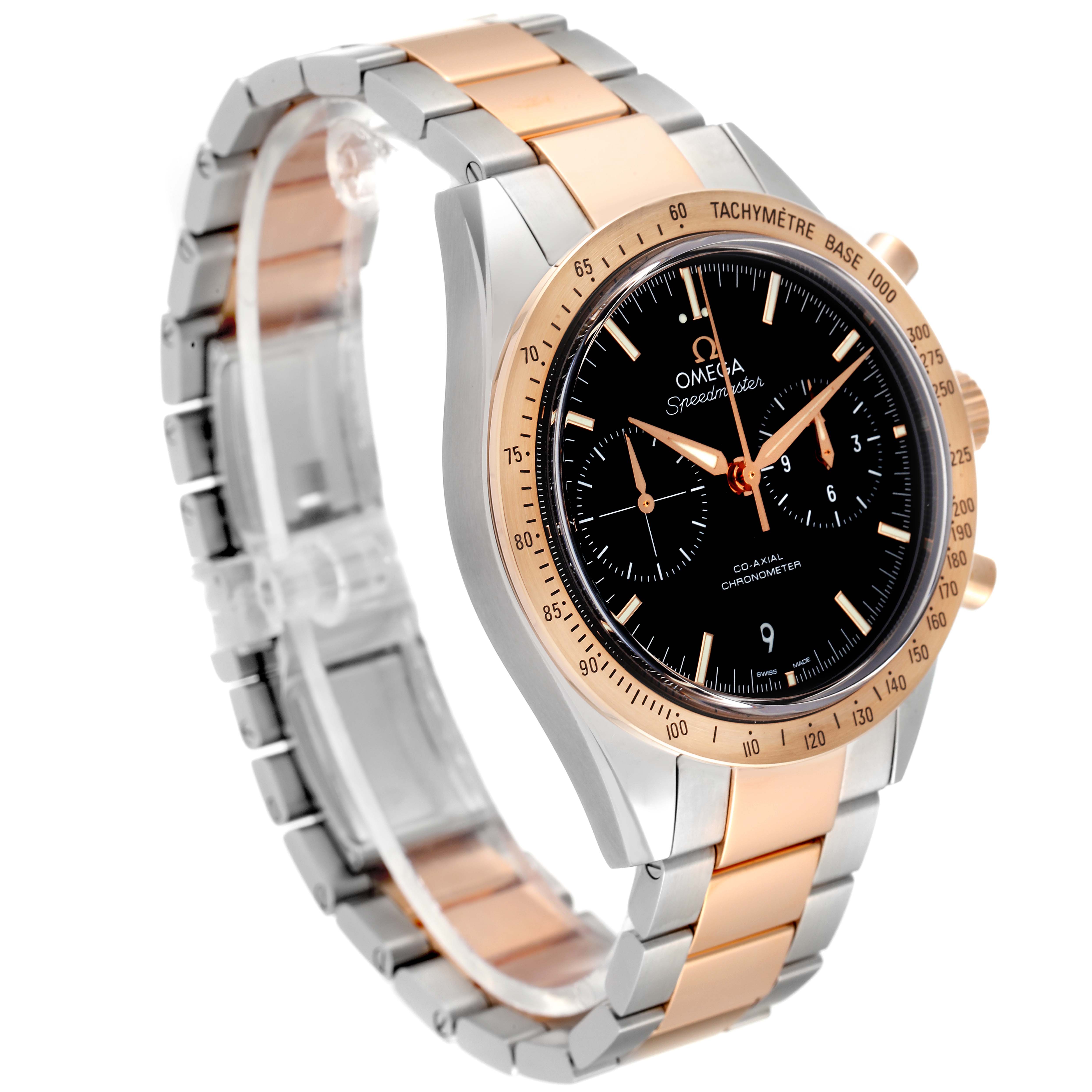 The image shows an Omega Speedmaster 331.20.42.51.01.002 Men's Steel and Gold (two tone) Black Dial 331.20.42.51.01.002 Men's Steel and Gold (two tone) Black Dial watch at a slight angle, highlighting the case, bezel, dial, and two-tone bracelet.
