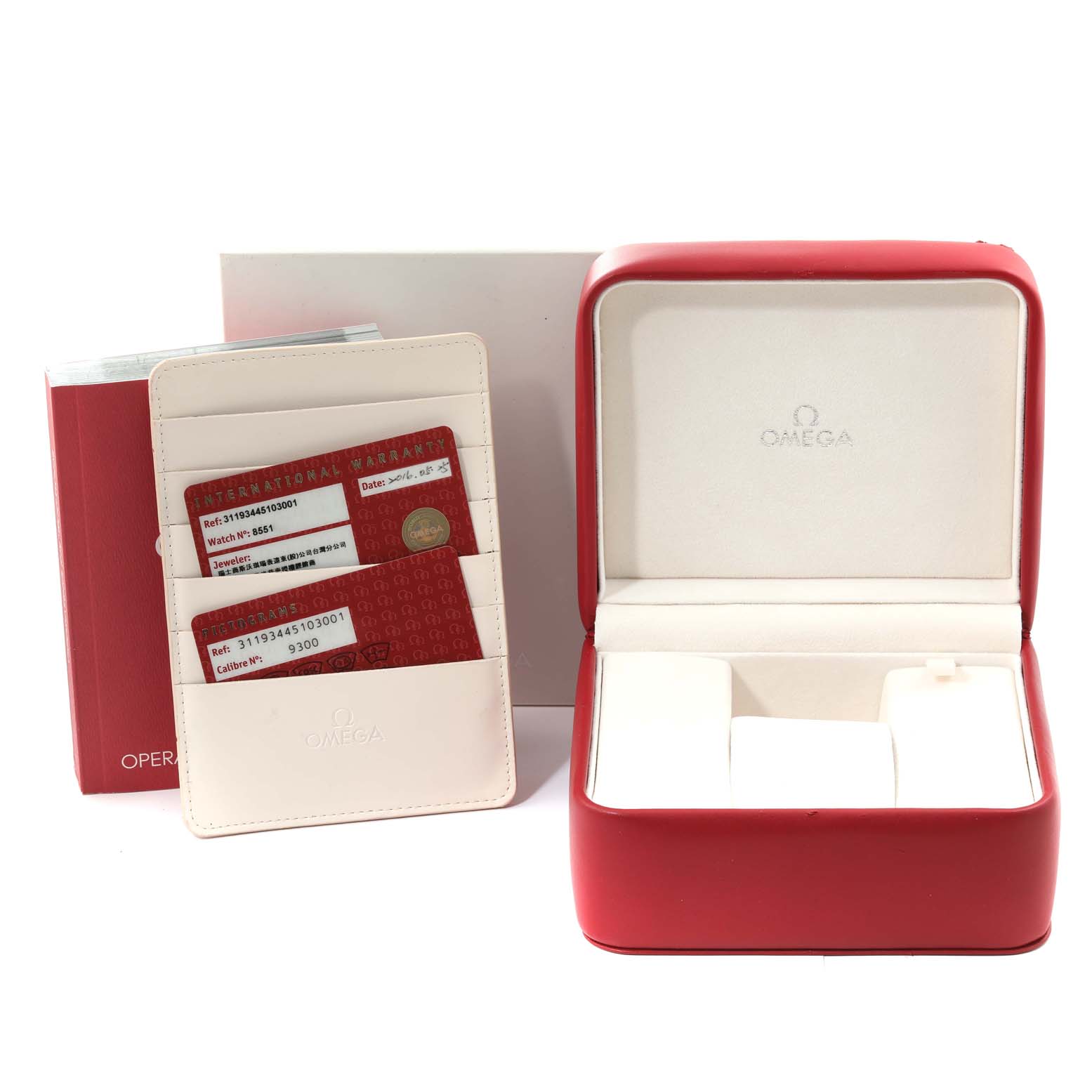 The image shows Omega Speedmaster 311.93.44.51.03.001 Men's Titanium Blue Dial 311.93.44.51.03.001 Men's Titanium Blue Dial watch accessories, including the warranty card, leather cardholder, and red watch box.