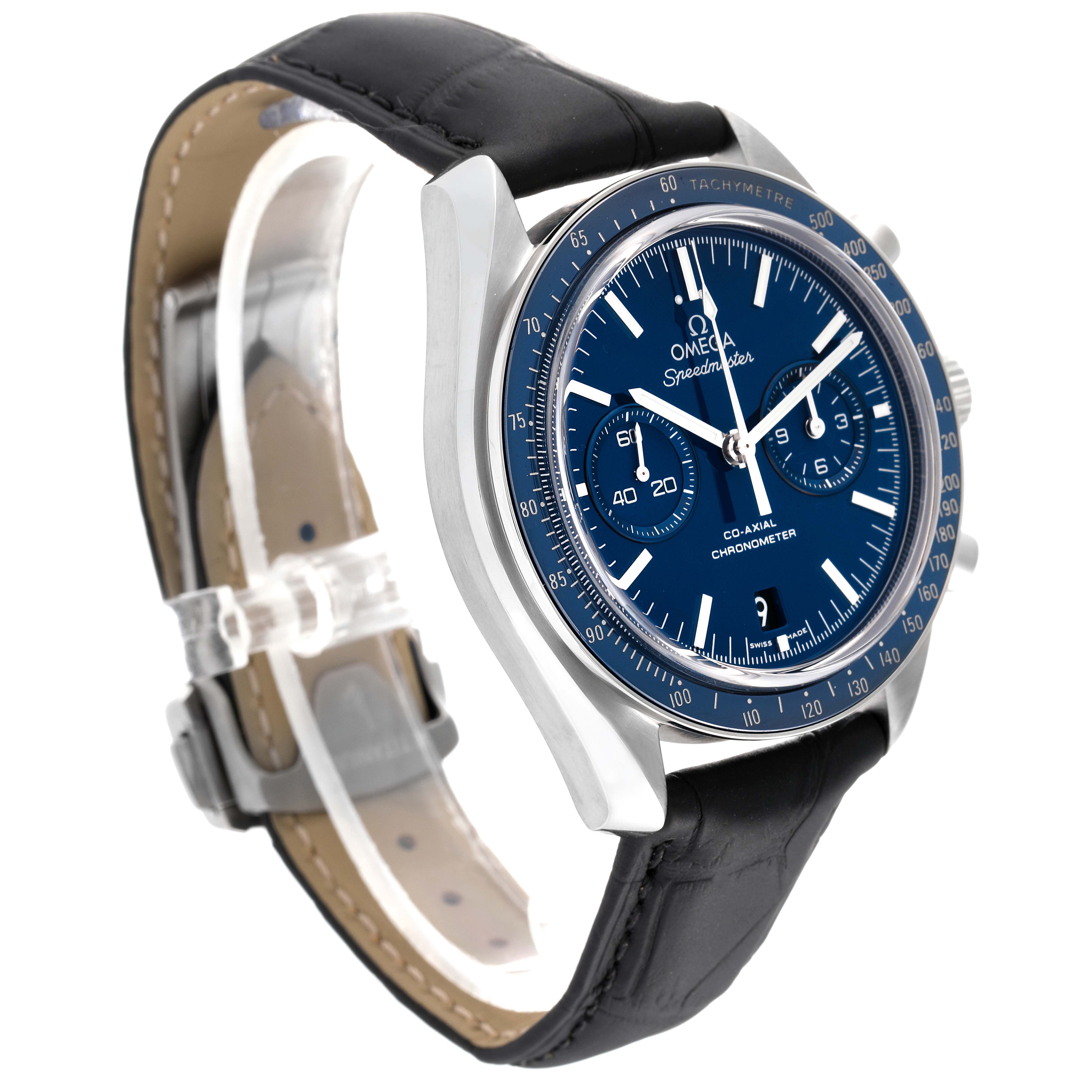 The Omega Speedmaster 311.93.44.51.03.001 Men's Titanium Blue Dial 311.93.44.51.03.001 Men's Titanium Blue Dial watch is shown at a slight angle, highlighting its blue dial, subdials, tachymeter bezel, and leather strap.