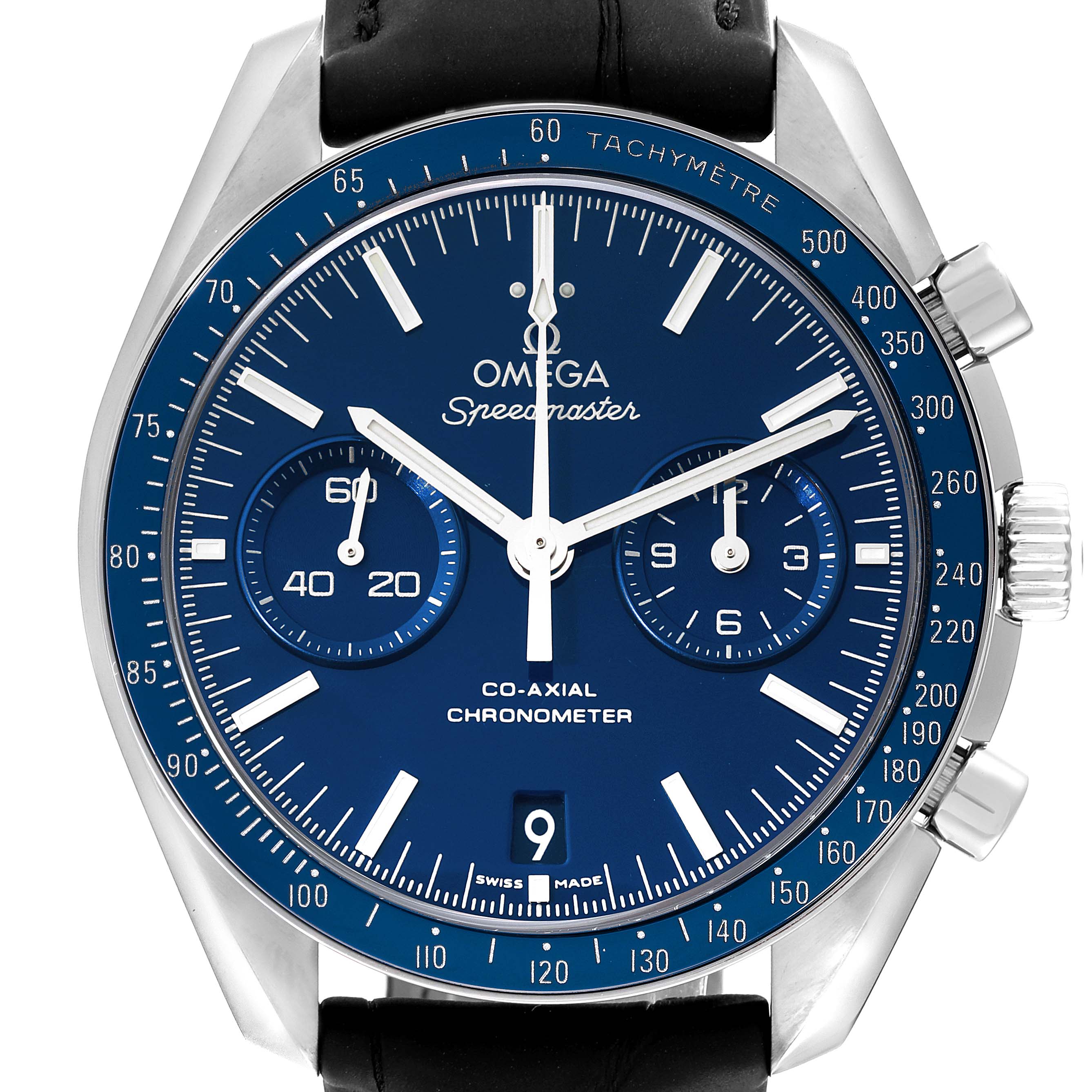 The image shows a frontal view of an Omega Speedmaster 311.93.44.51.03.001 Men's Titanium Blue Dial 311.93.44.51.03.001 Men's Titanium Blue Dial watch, highlighting its dial, subdials, and tachymeter bezel.
