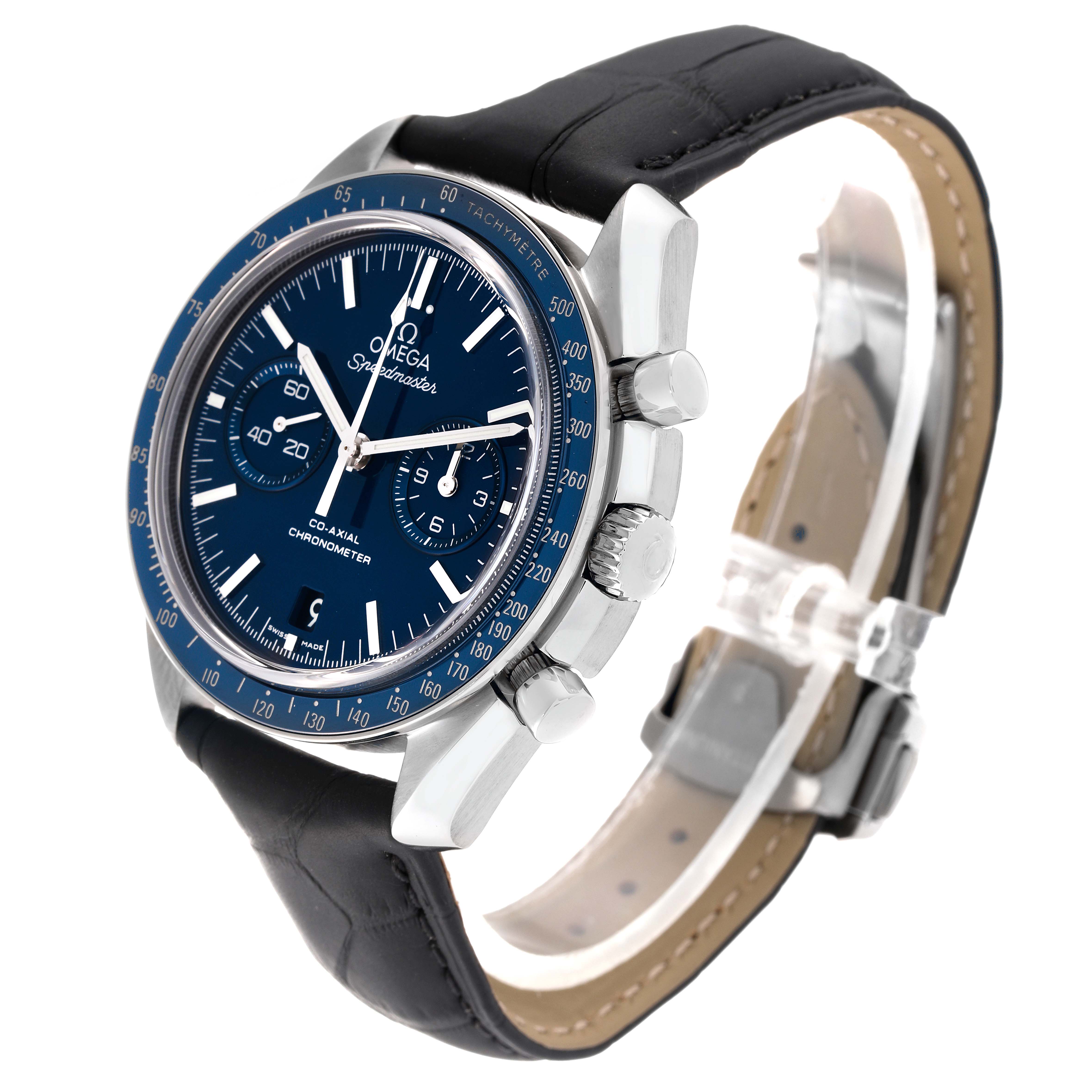 The Omega Speedmaster 311.93.44.51.03.001 Men's Titanium Blue Dial 311.93.44.51.03.001 Men's Titanium Blue Dial watch is shown at a three-quarter angle, displaying the face, bezel, crown, pushers, and leather strap.