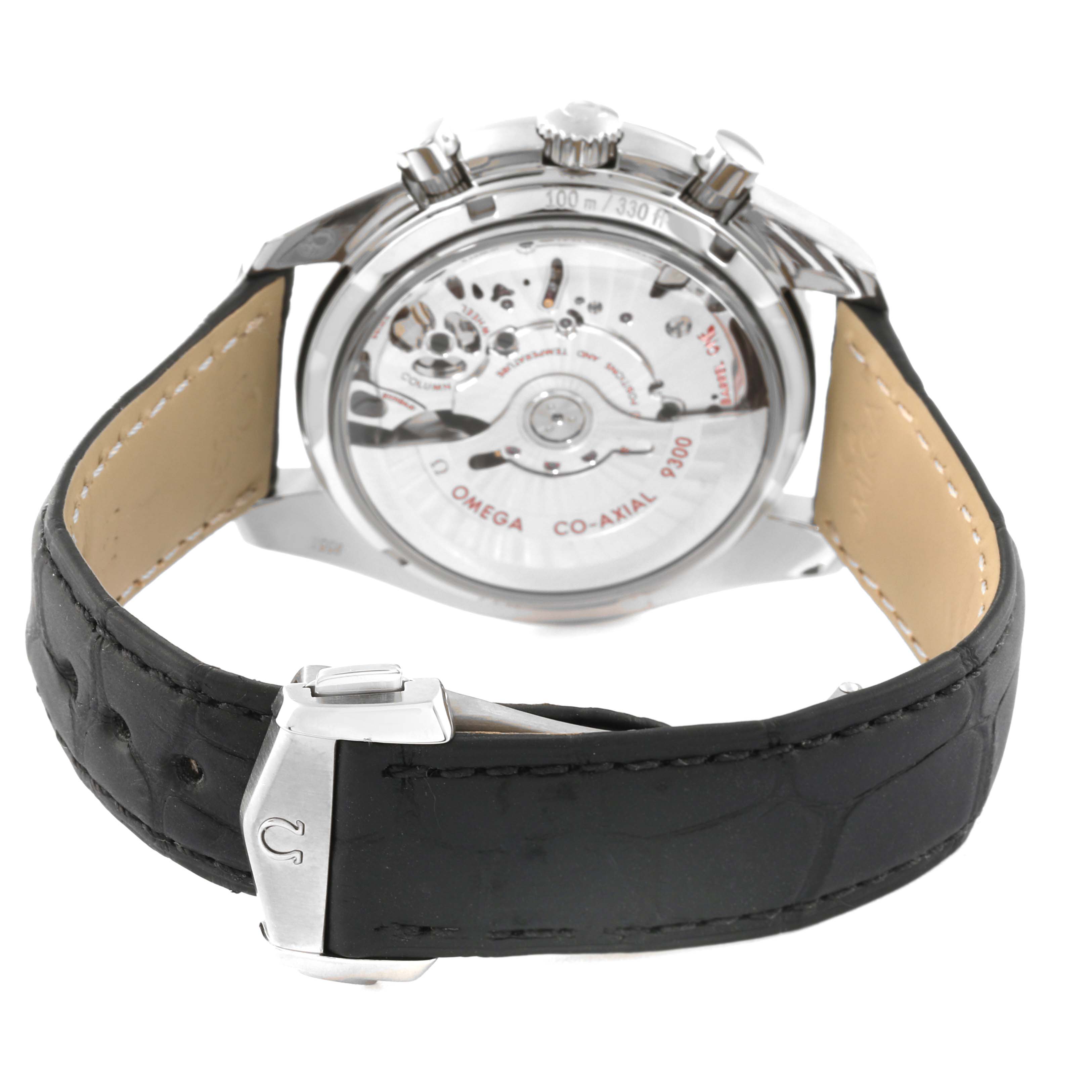 This image shows a rear view of the Omega Speedmaster 311.93.44.51.03.001 Men's Titanium Blue Dial 311.93.44.51.03.001 Men's Titanium Blue Dial watch, highlighting the open case back and leather strap.