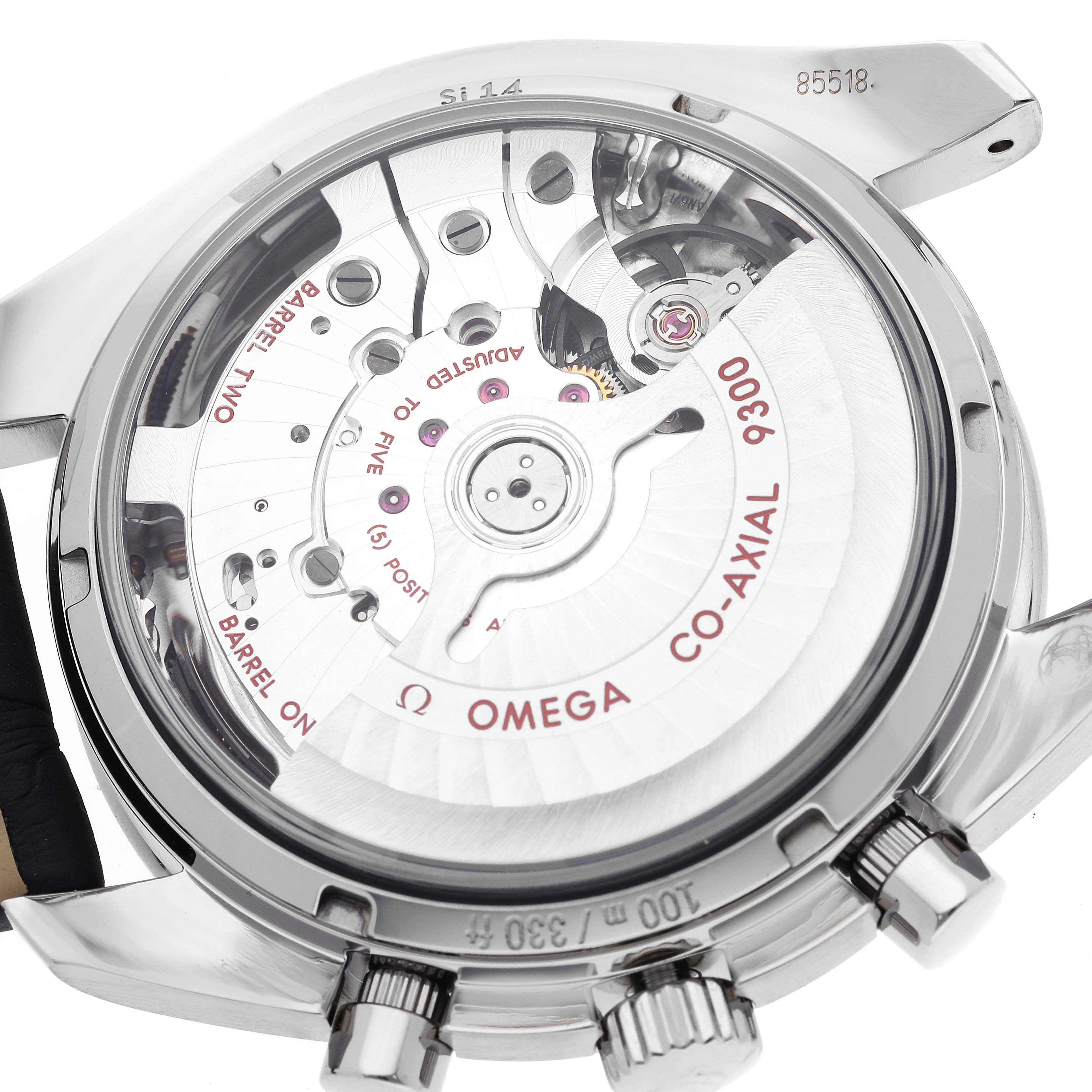 This image shows the back of an Omega Speedmaster 311.93.44.51.03.001 Men's Titanium Blue Dial 311.93.44.51.03.001 Men's Titanium Blue Dial, highlighting the Co-Axial 9300 automatic movement and its internal components.