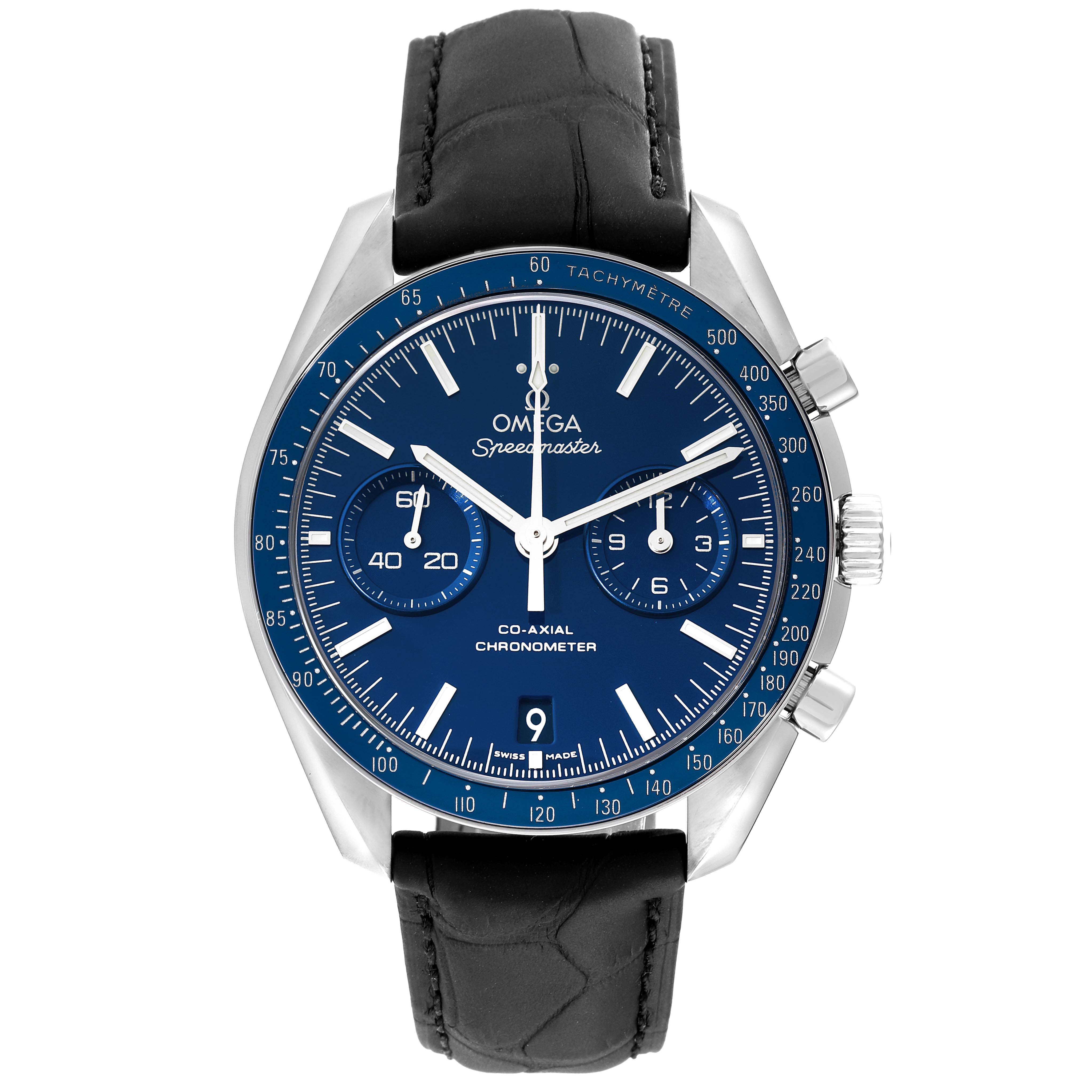 Front view of an Omega Speedmaster 311.93.44.51.03.001 Men's Titanium Blue Dial 311.93.44.51.03.001 Men's Titanium Blue Dial watch, showcasing its blue dial, chronograph sub-dials, and black leather strap.