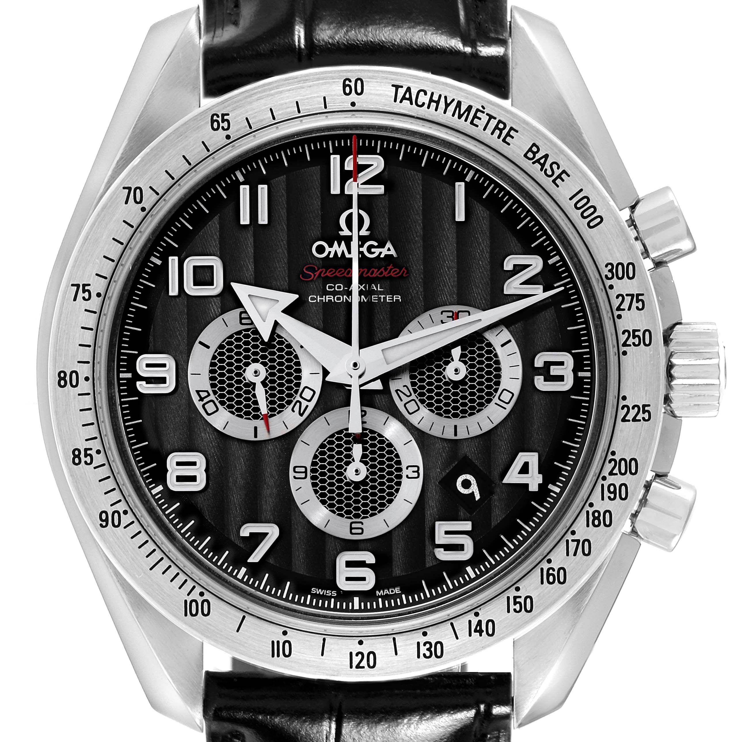 The image shows a front view of the Omega Speedmaster 321.13.44.50.01.001 Men
s Stainless Steel Black Dial 321.13.44.50.01.001 Men
s Stainless Steel Black Dial watch, displaying its dial, tachymeter bezel, and crown/pushers.