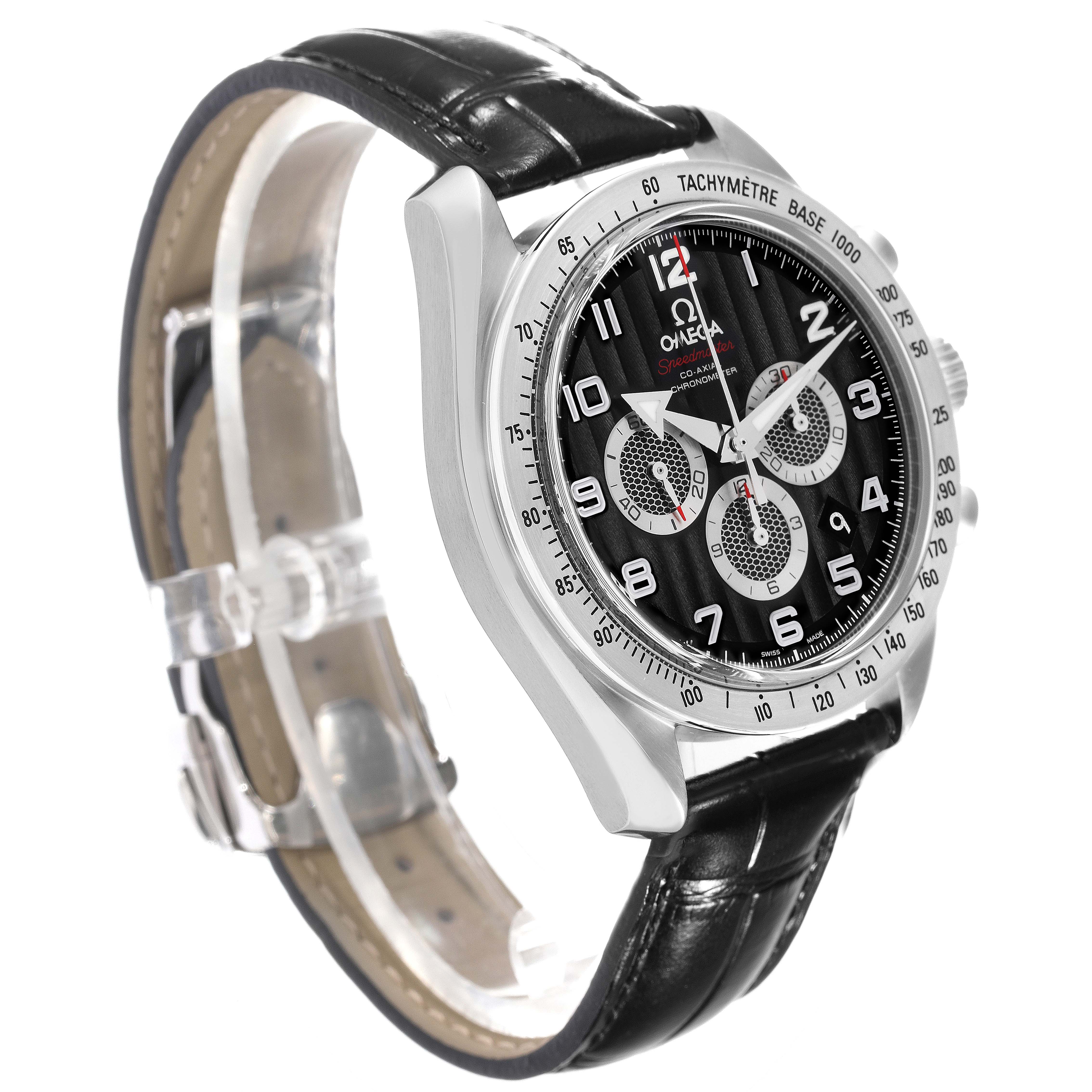 The Omega Speedmaster 321.13.44.50.01.001 Men
s Stainless Steel Black Dial 321.13.44.50.01.001 Men
s Stainless Steel Black Dial watch is shown at an oblique angle displaying its face, bezel, crown, and black leather strap.