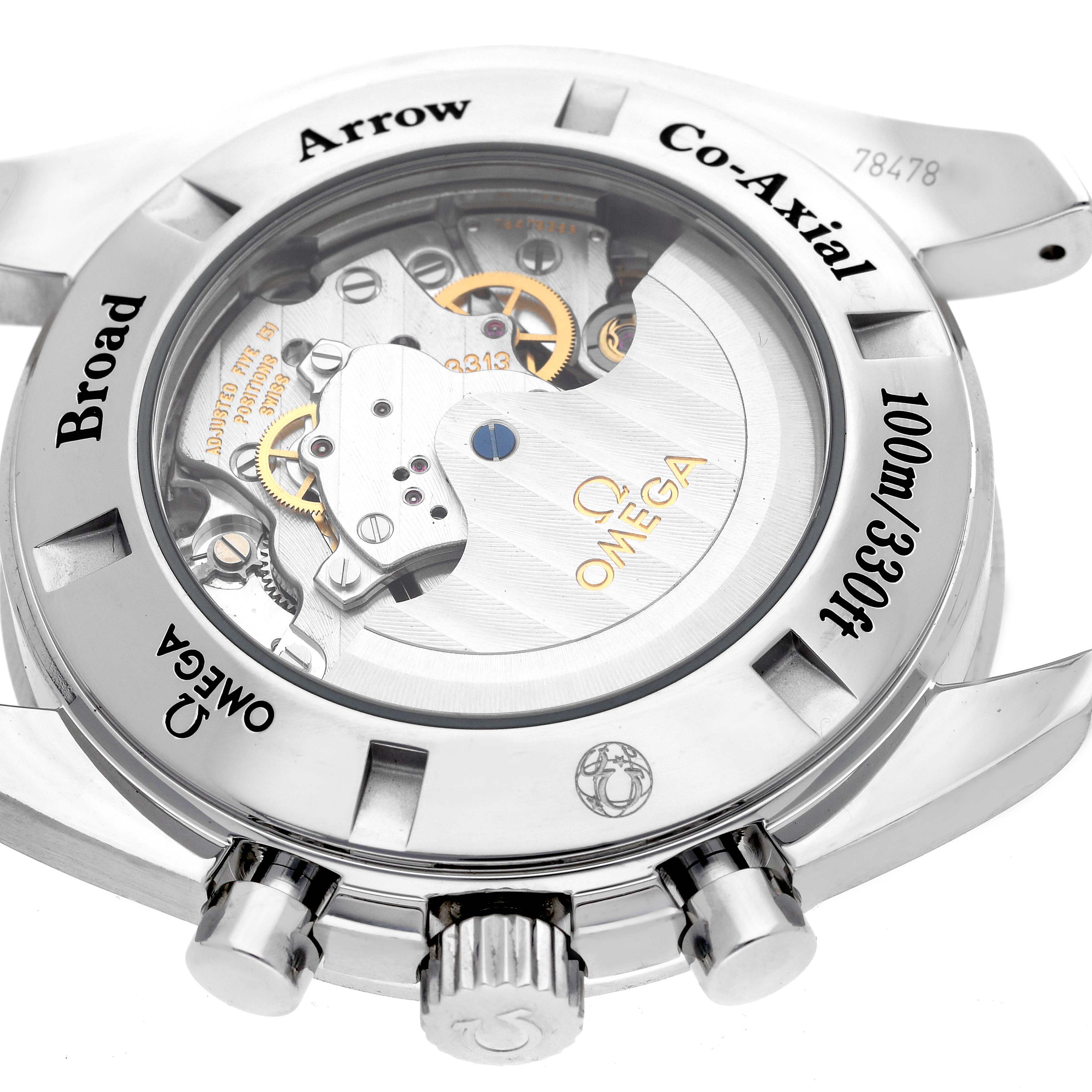 This image shows the case back of an Omega Speedmaster 321.13.44.50.01.001 Men
s Stainless Steel Black Dial 321.13.44.50.01.001 Men
s Stainless Steel Black Dial, revealing the Co-Axial movement and internal mechanism.