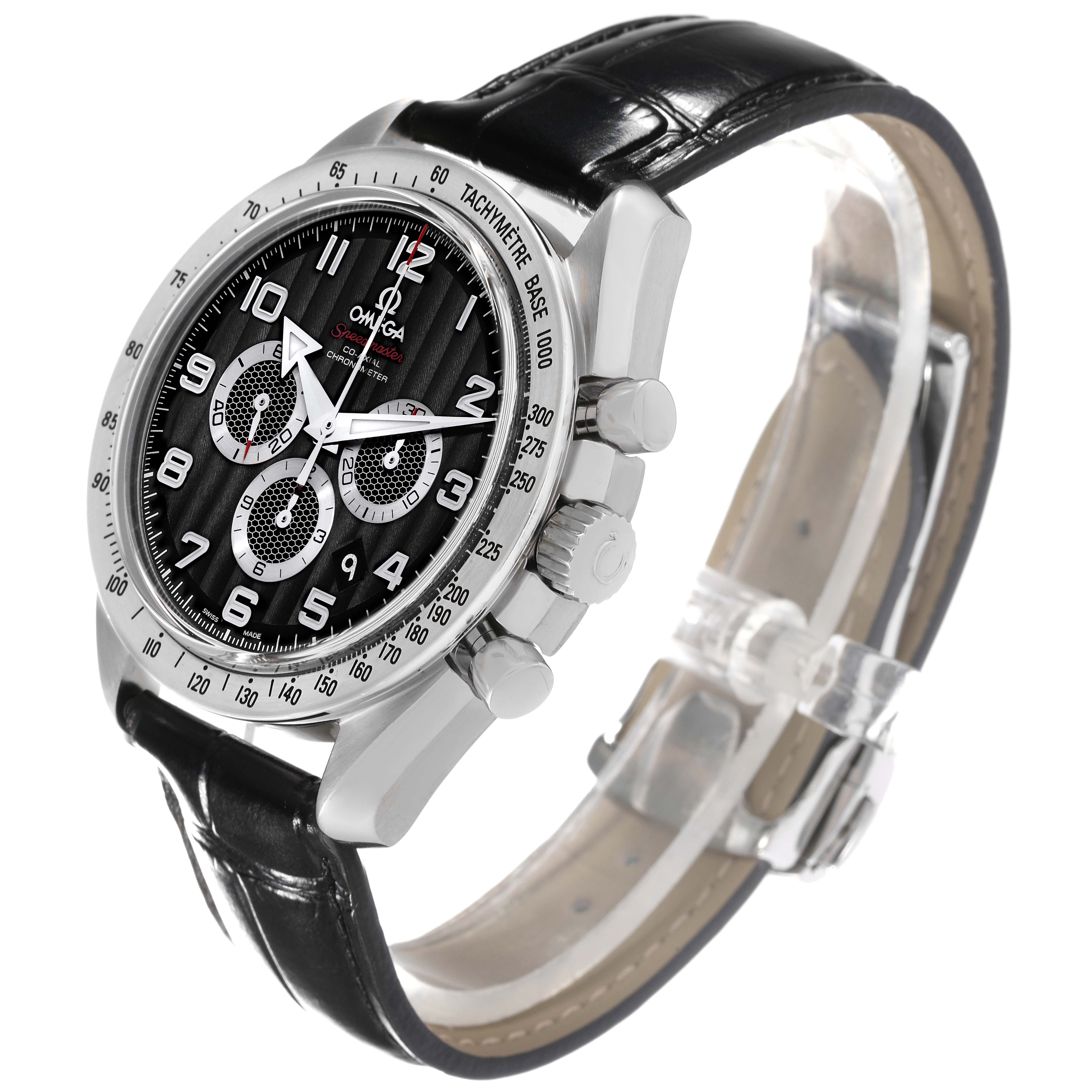 The Omega Speedmaster 321.13.44.50.01.001 Men
s Stainless Steel Black Dial 321.13.44.50.01.001 Men
s Stainless Steel Black Dial watch is shown at an angled view displaying the dial, bezel, crown, pushers, and leather strap.