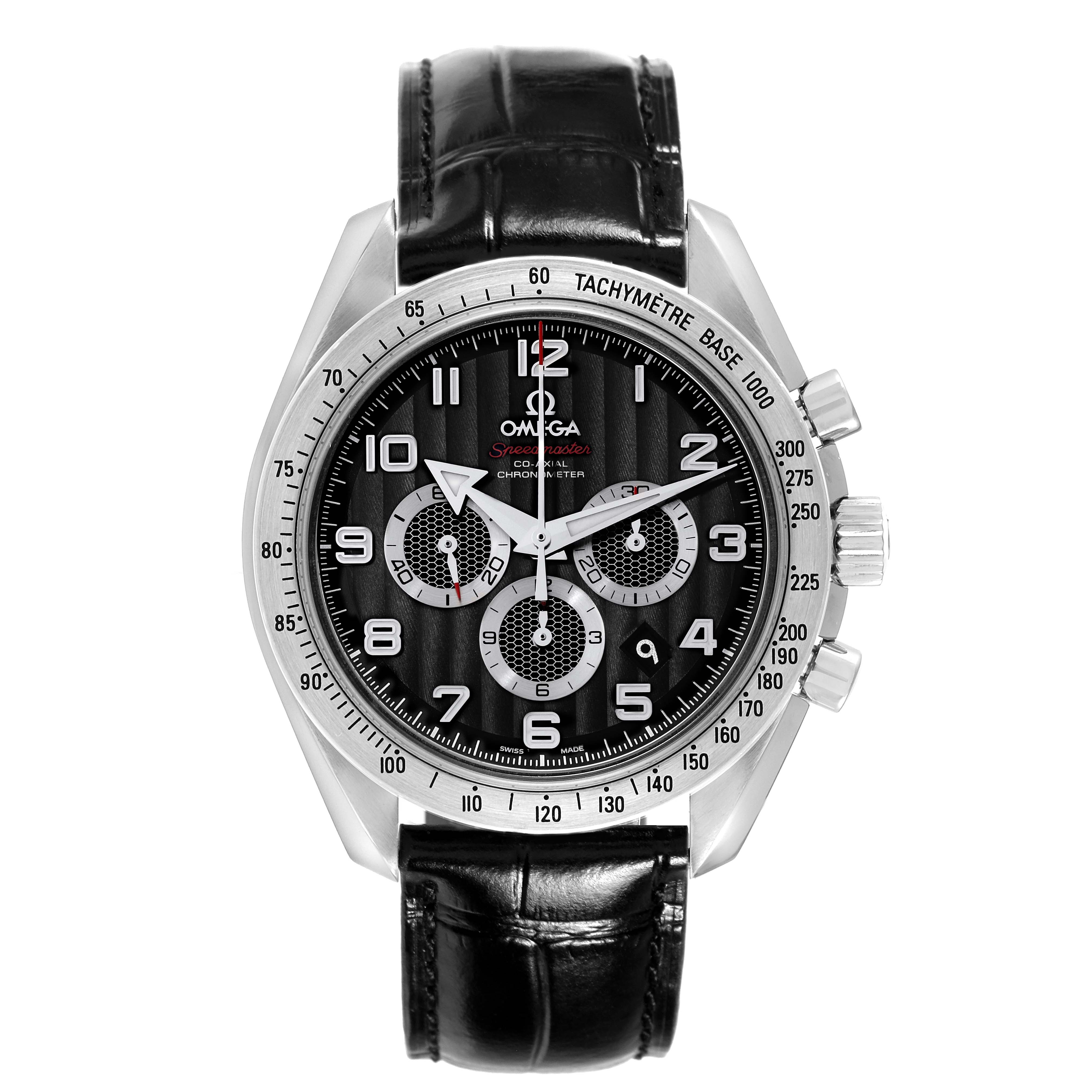 The Omega Speedmaster 321.13.44.50.01.001 Men
s Stainless Steel Black Dial 321.13.44.50.01.001 Men
s Stainless Steel Black Dial watch is shown from the front, highlighting its black dial, chronograph subdials, and black leather strap.