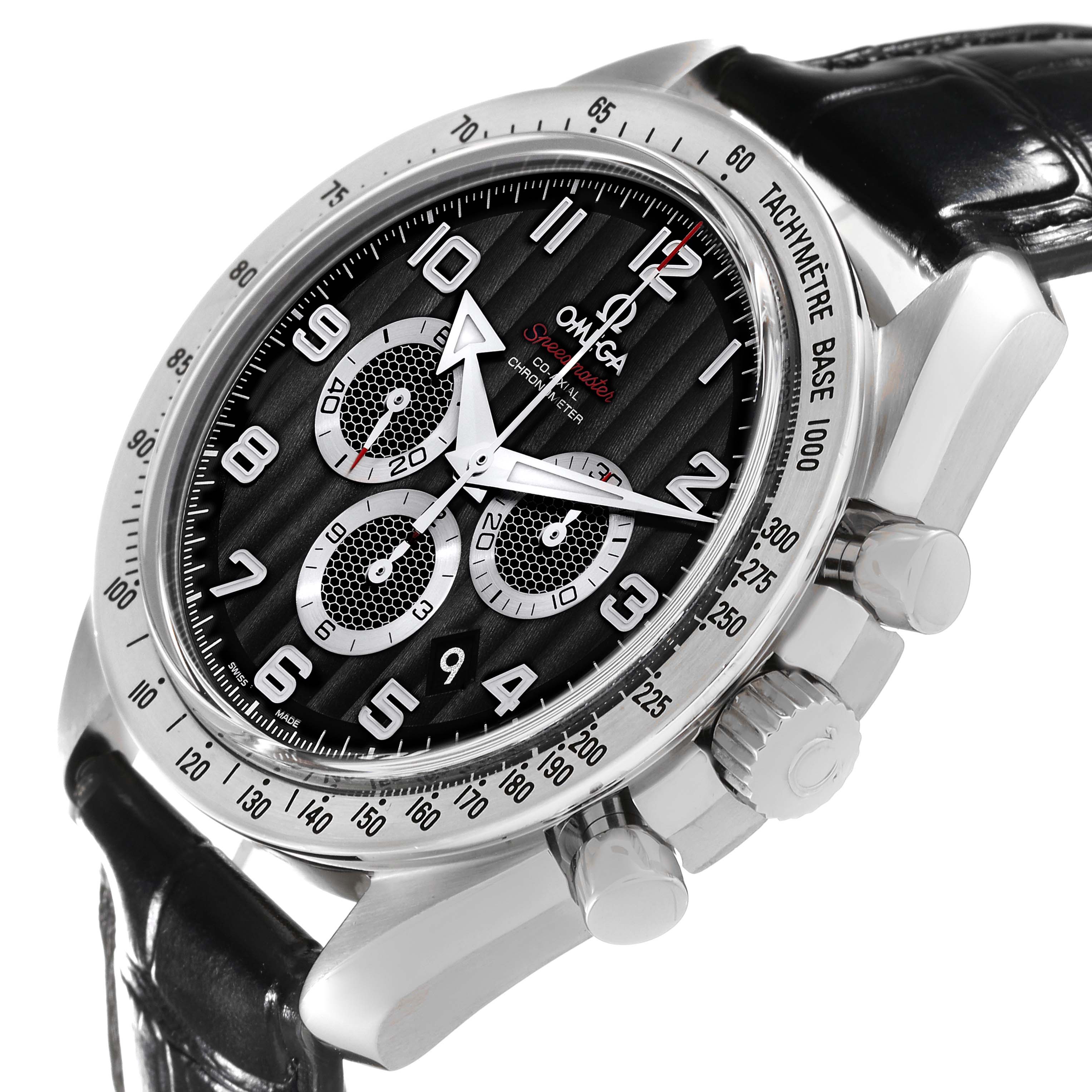 This Omega Speedmaster 321.13.44.50.01.001 Men
s Stainless Steel Black Dial 321.13.44.50.01.001 Men
s Stainless Steel Black Dial watch is shown at a slight angle, displaying the dial, bezel, chronograph subdials, and crown in detail.