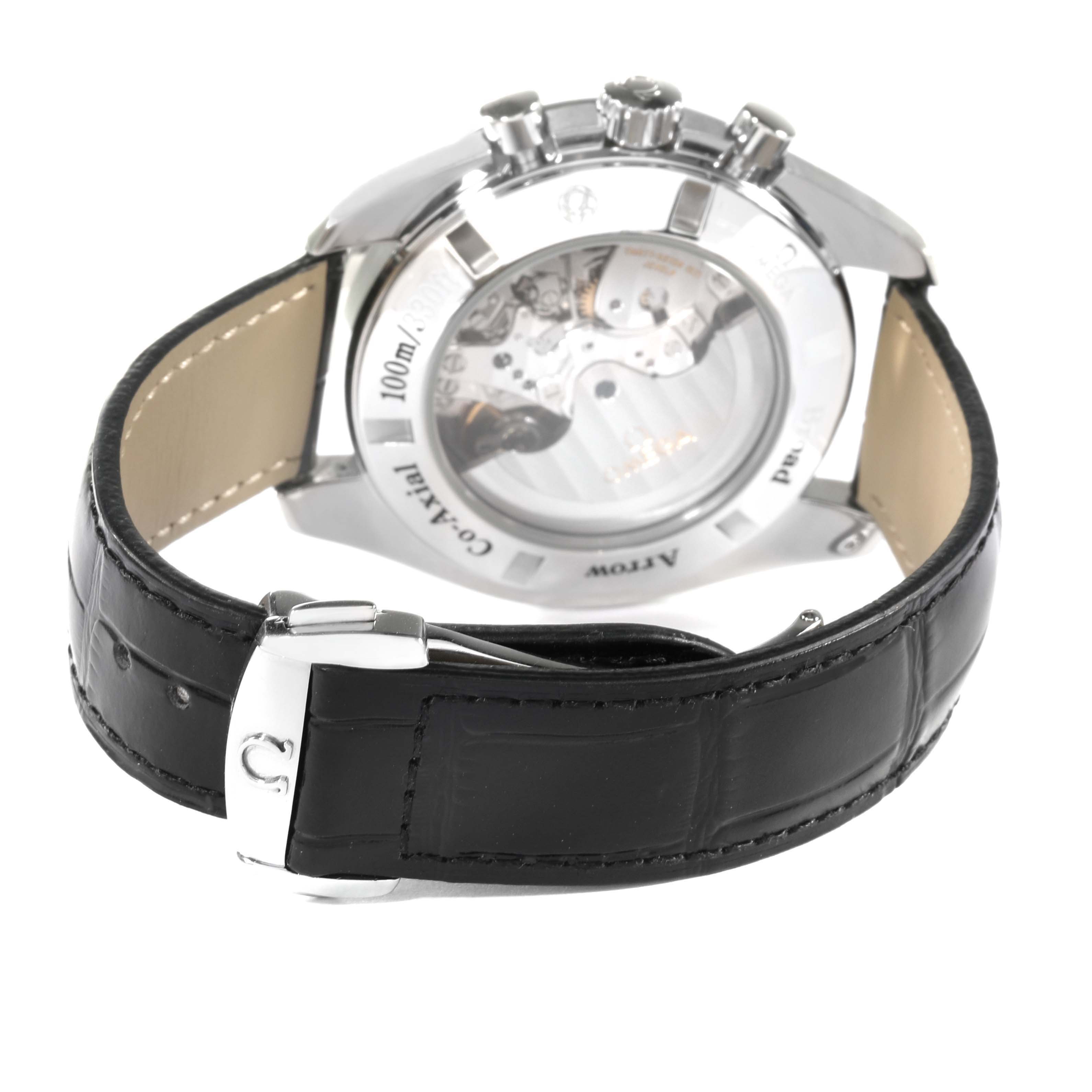 The image shows the back view of an Omega Speedmaster 321.13.44.50.01.001 Men
s Stainless Steel Black Dial 321.13.44.50.01.001 Men
s Stainless Steel Black Dial watch, highlighting the case back, movement, and black leather strap.