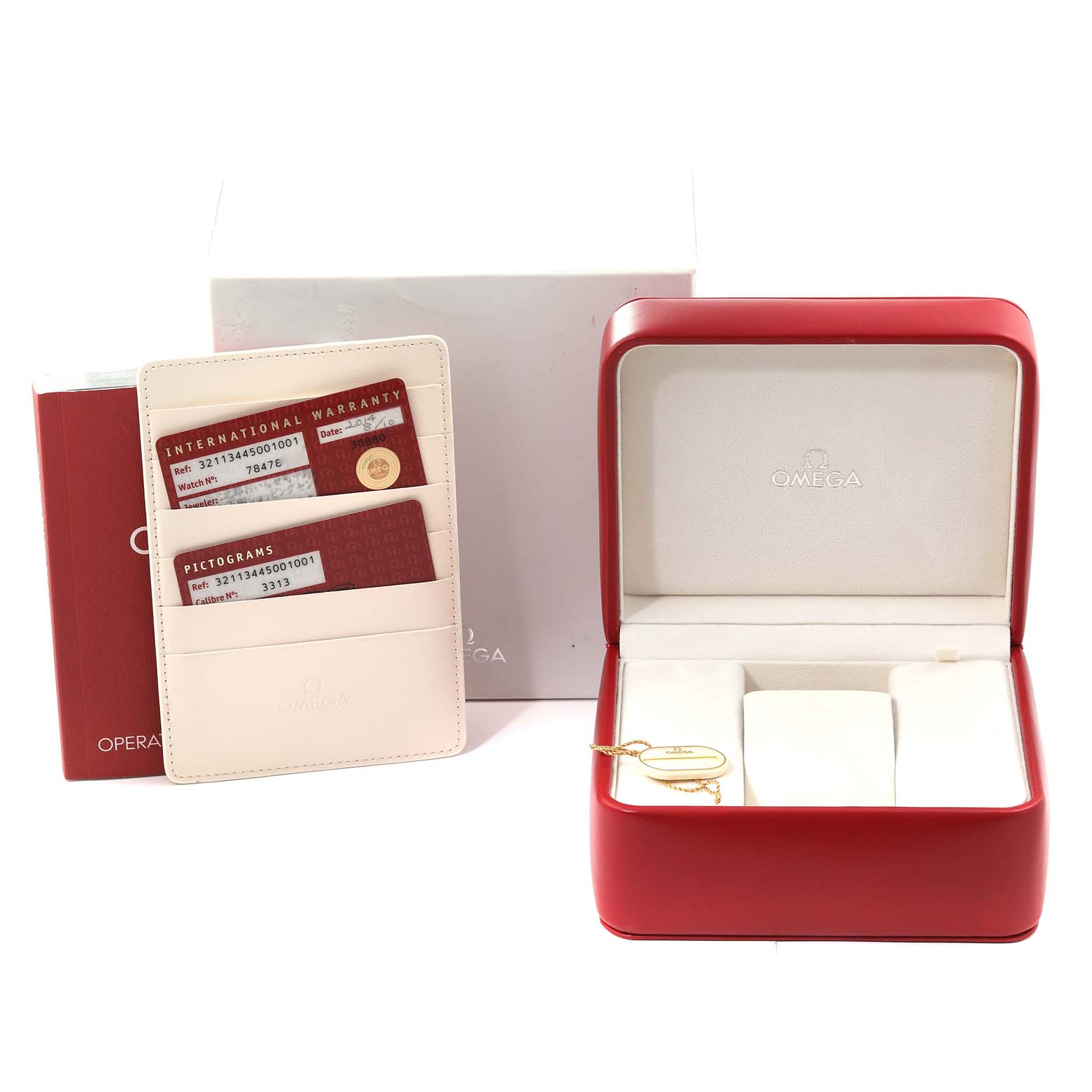 The image shows an Omega Speedmaster 321.13.44.50.01.001 Men
s Stainless Steel Black Dial 321.13.44.50.01.001 Men
s Stainless Steel Black Dial watch box, warranty cards, and a red storage case with compartments.