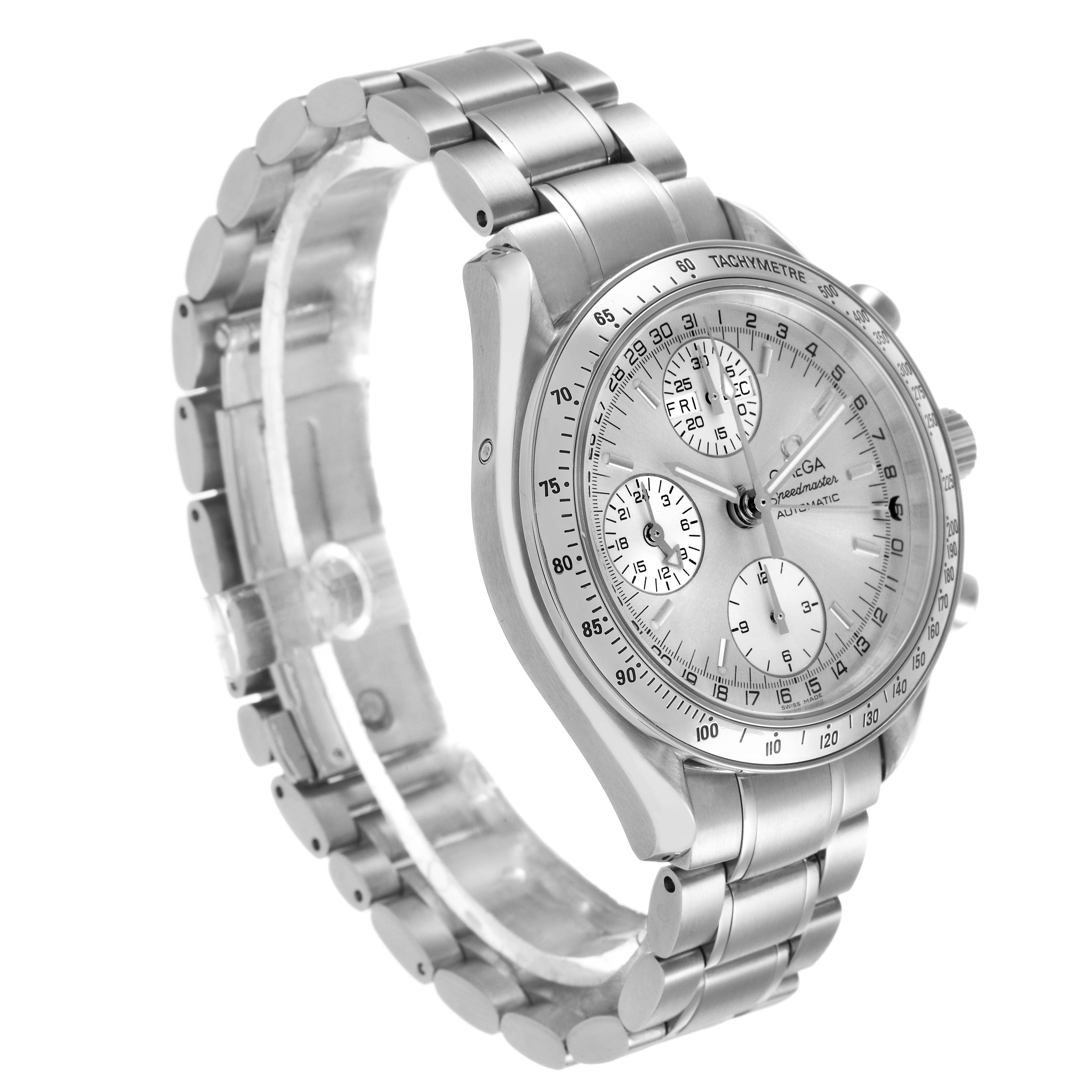 The image shows an Omega Speedmaster 3523.30.00 Men's Stainless Steel Silver Dial watch at a three-quarter angle, highlighting the face, tachymeter, and stainless steel bracelet.
