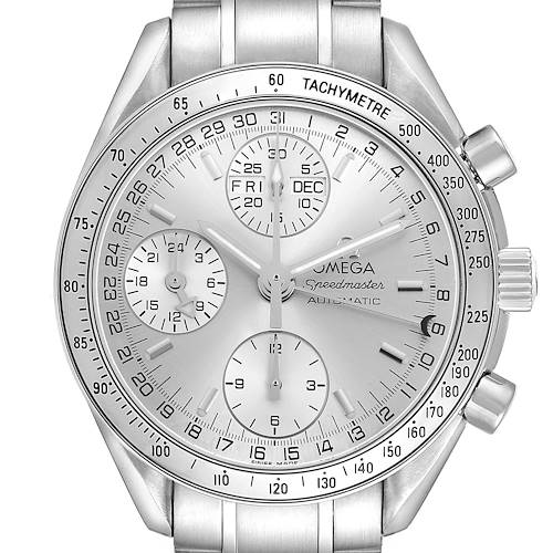 The Omega Speedmaster 3523.30.00 Men's Stainless Steel Silver Dial watch is shown from the front, highlighting its dial, tachymeter, subdials, and bezel.