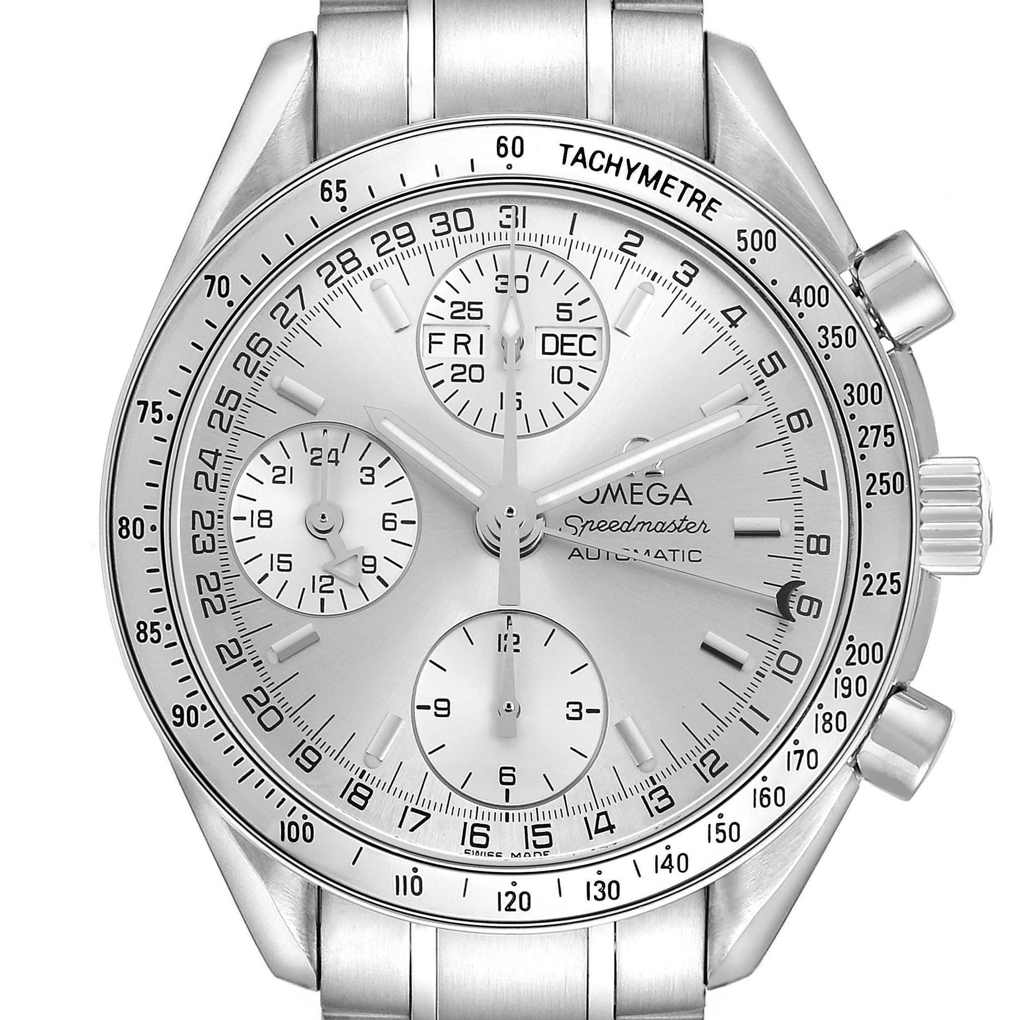 The Omega Speedmaster 3523.30.00 Men's Stainless Steel Silver Dial is shown from the front, displaying the dial, tachymetre, subdials, and part of the bracelet.