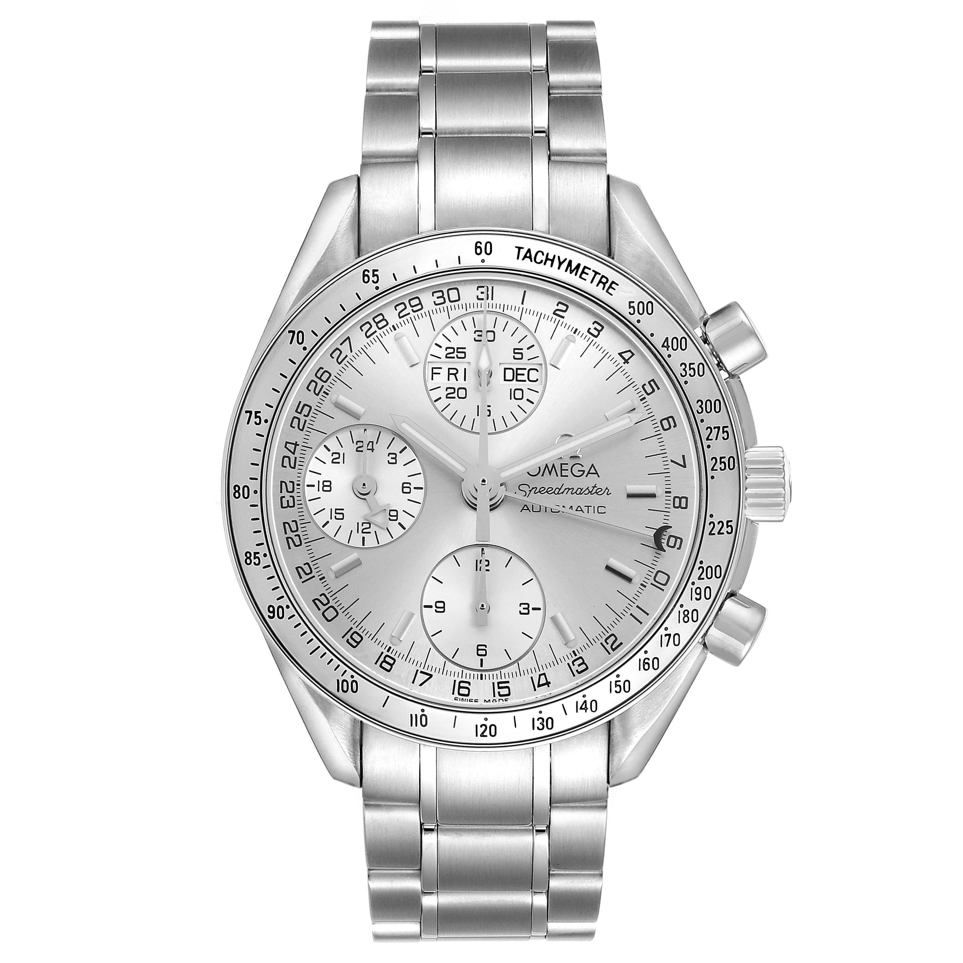 The Omega Speedmaster 3523.30.00 Men's Stainless Steel Silver Dial watch is shown from a front angle, featuring its silver dial, tachymeter bezel, and stainless steel bracelet.