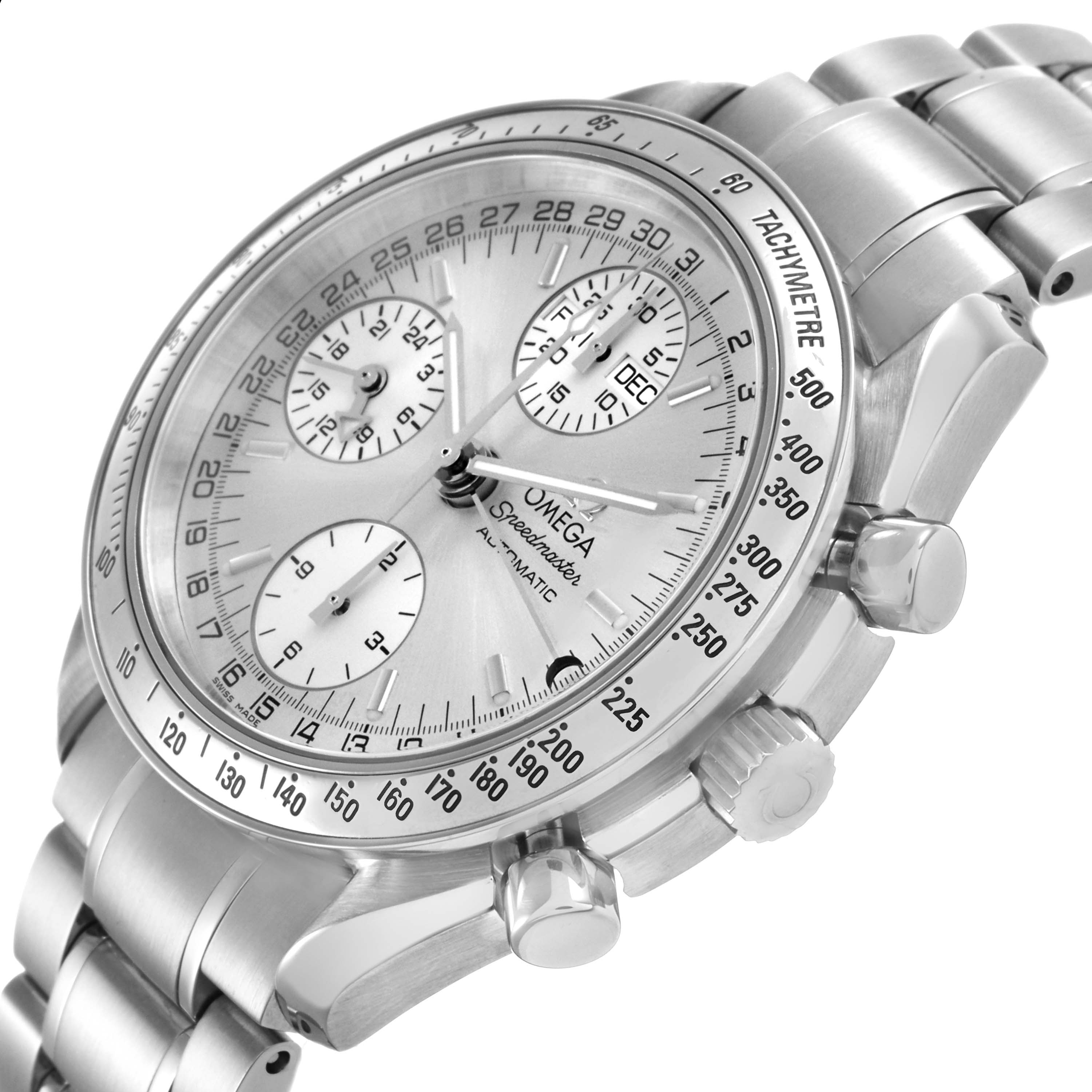 The Omega Speedmaster 3523.30.00 Men's Stainless Steel Silver Dial model is shown at an angled side view, highlighting the dial, tachymeter bezel, subdials, and bracelet.
