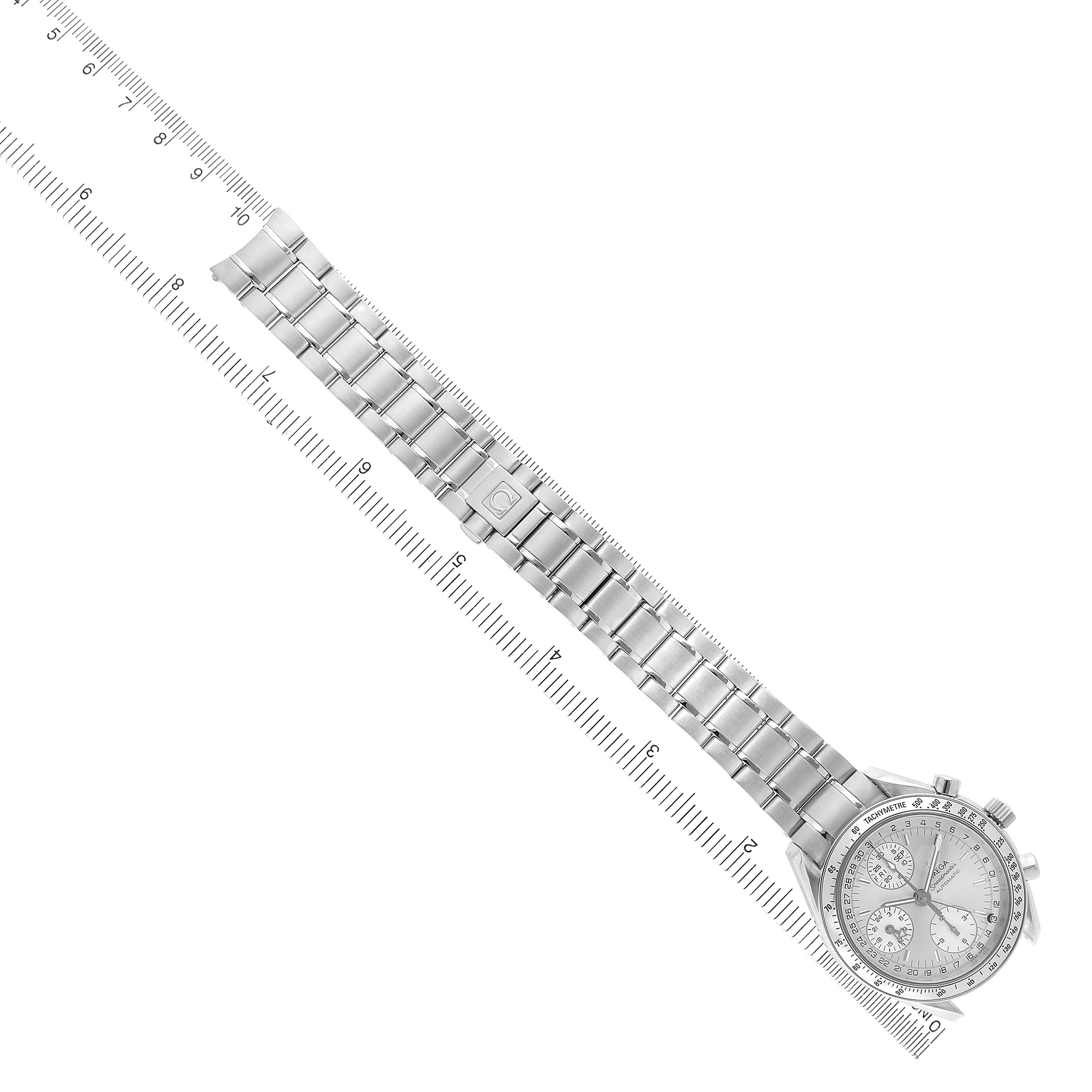 The Omega Speedmaster 3523.30.00 Men's Stainless Steel Silver Dial watch is shown from a top-down angle, displaying the face, full metal bracelet, and clasp.