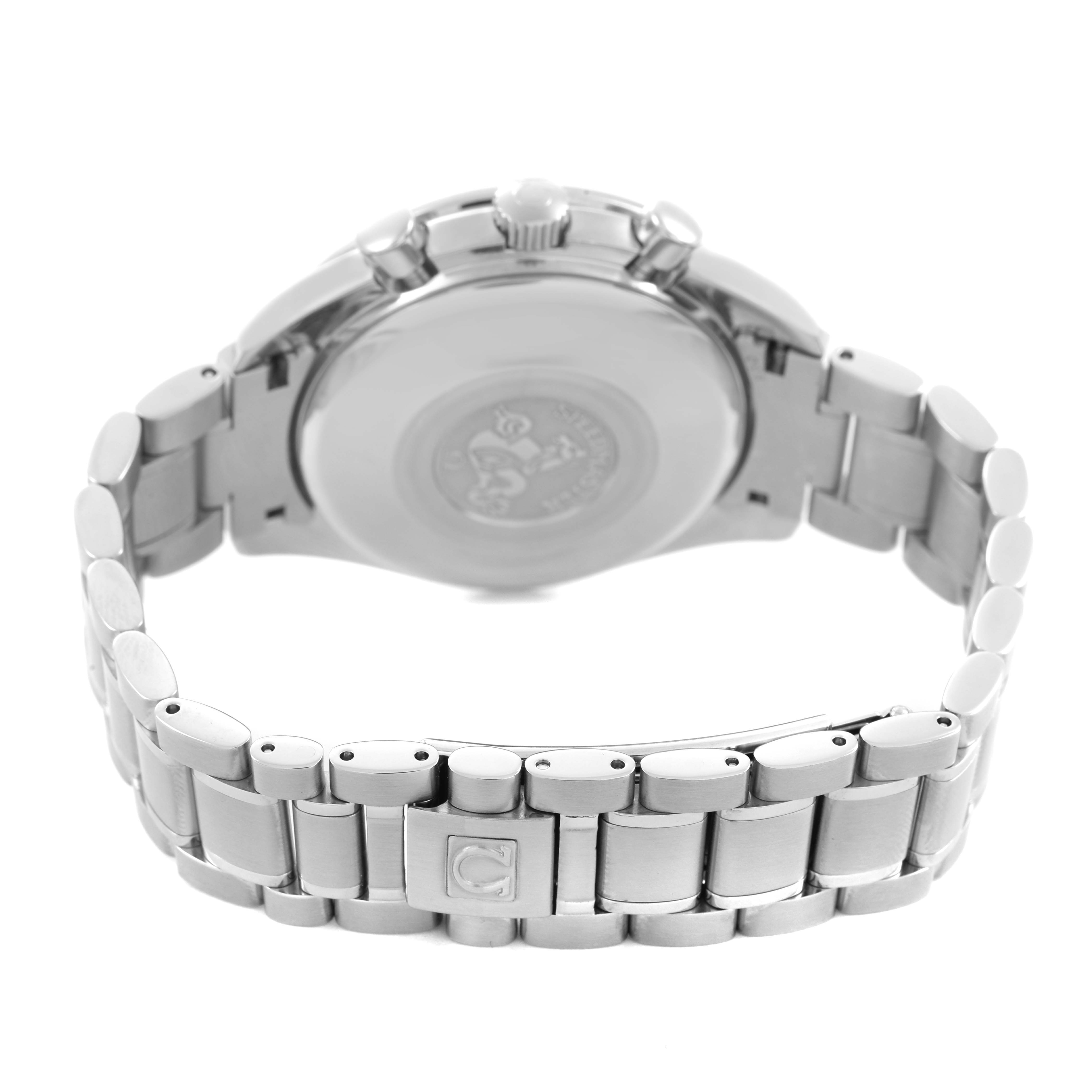 The image shows the back of an Omega Speedmaster 3523.30.00 Men's Stainless Steel Silver Dial watch, highlighting the bracelet and clasp.