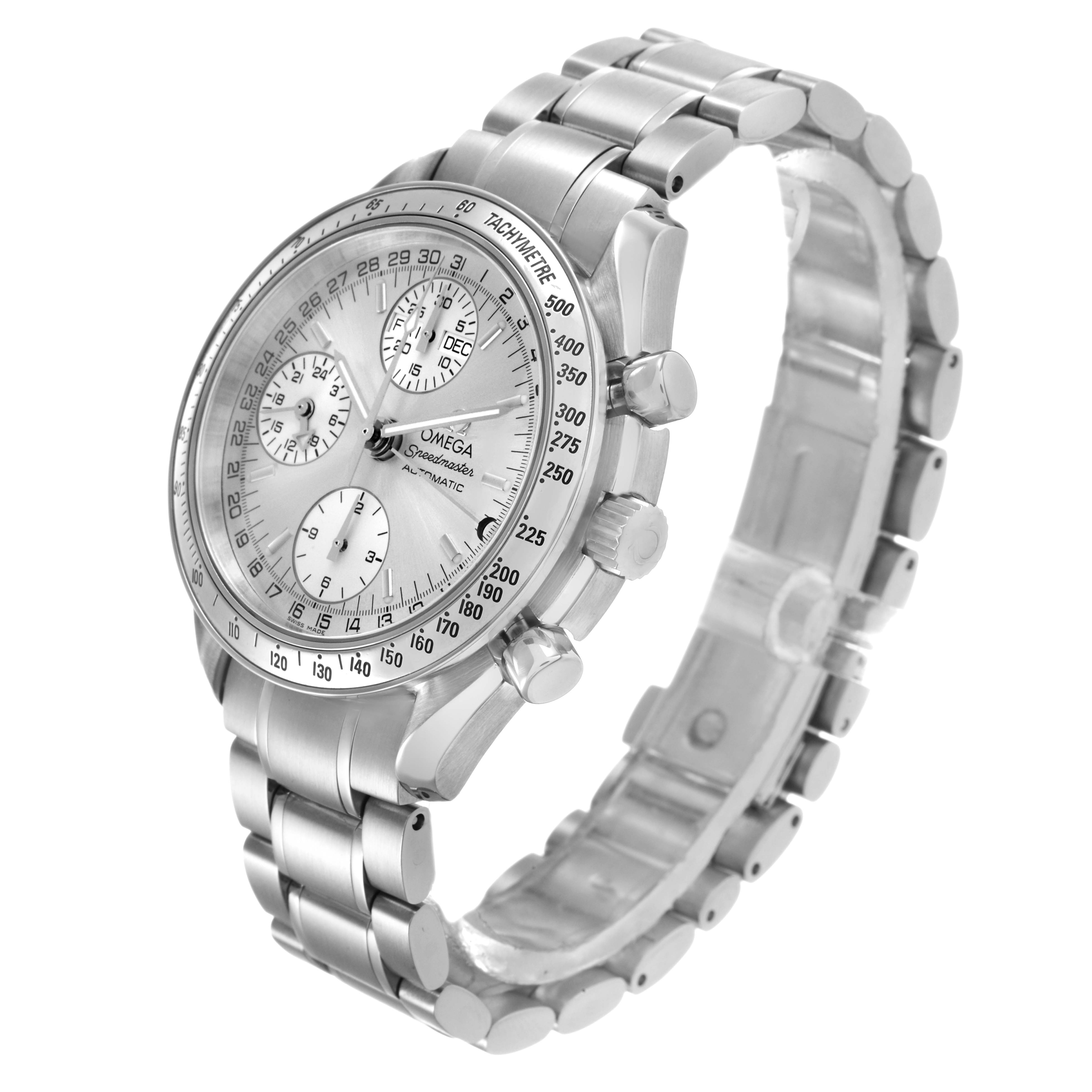 The Omega Speedmaster 3523.30.00 Men's Stainless Steel Silver Dial watch is shown at a three-quarter angle, highlighting the bezel, crown, pushers, and bracelet.