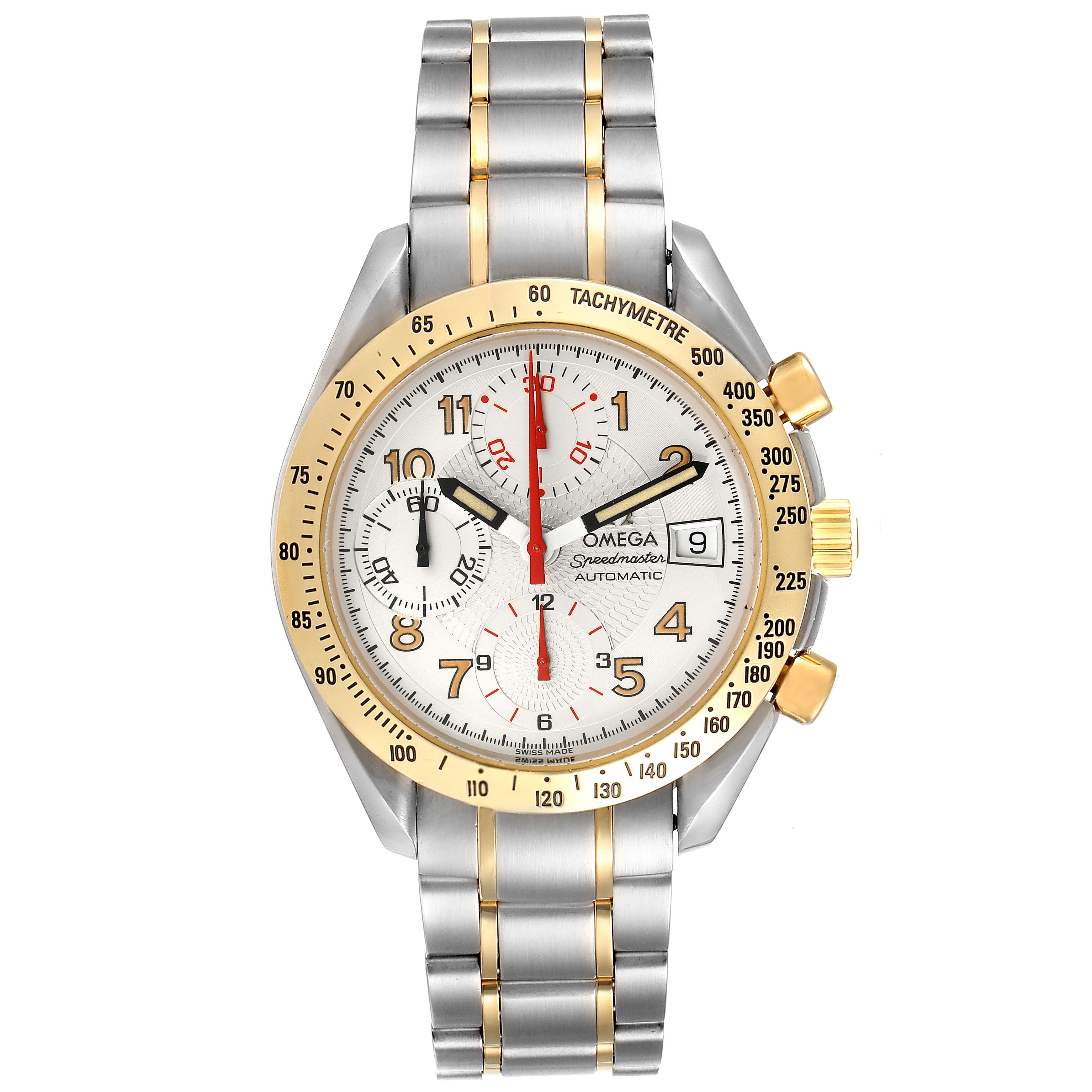 This image shows the front view of an Omega Speedmaster 3313.33.00 Men's Steel and Gold (two tone) White Dial 3313.33.00 Men's Steel and Gold (two tone) White Dial watch, highlighting the dial, bezel, and metal bracelet.