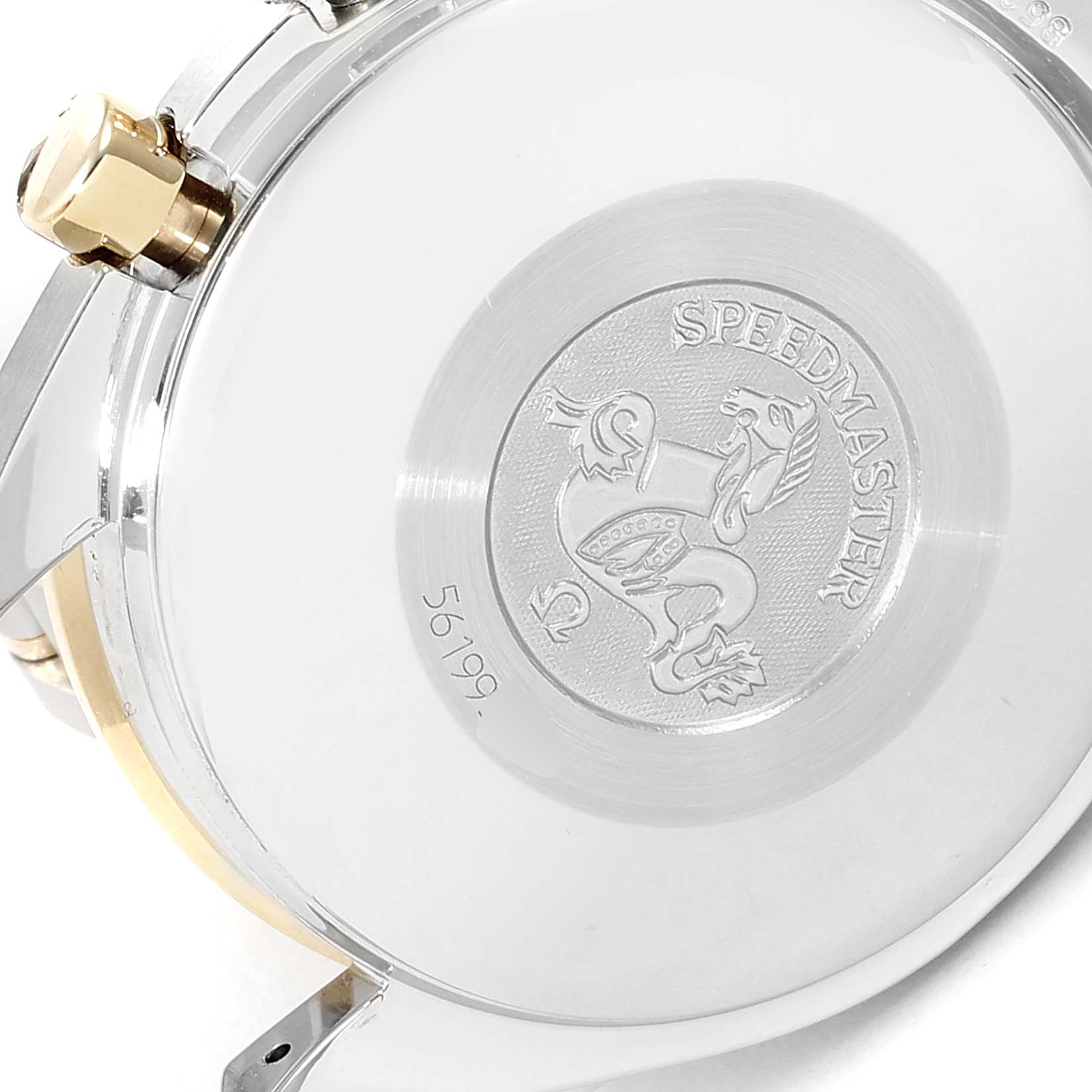 This image shows the back case of an Omega Speedmaster 3313.33.00 Men's Steel and Gold (two tone) White Dial 3313.33.00 Men's Steel and Gold (two tone) White Dial watch, highlighting the engraved medallion and serial number.