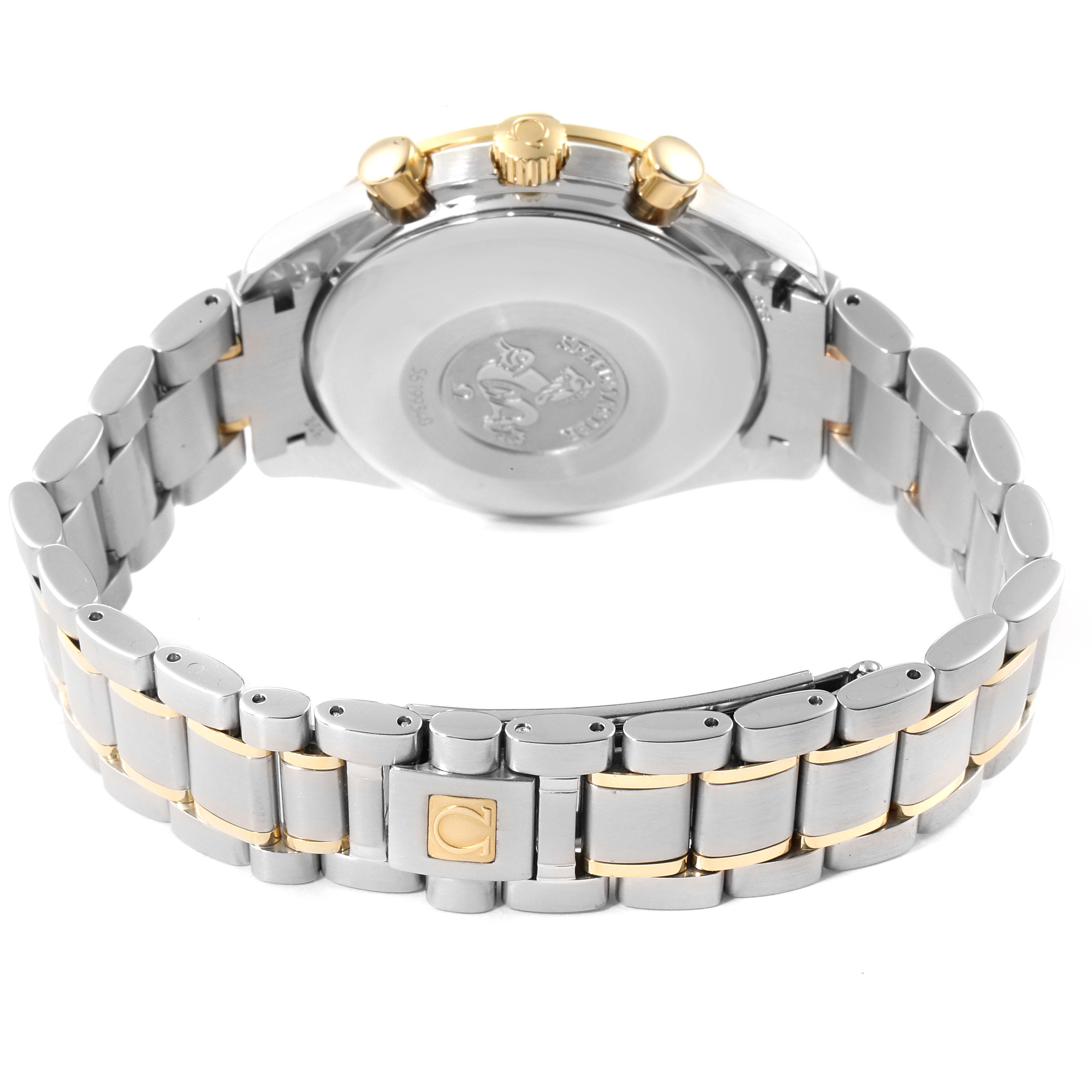 The image shows the back view of an Omega Speedmaster 3313.33.00 Men's Steel and Gold (two tone) White Dial 3313.33.00 Men's Steel and Gold (two tone) White Dial watch, highlighting its case back and metallic bracelet with gold accents.