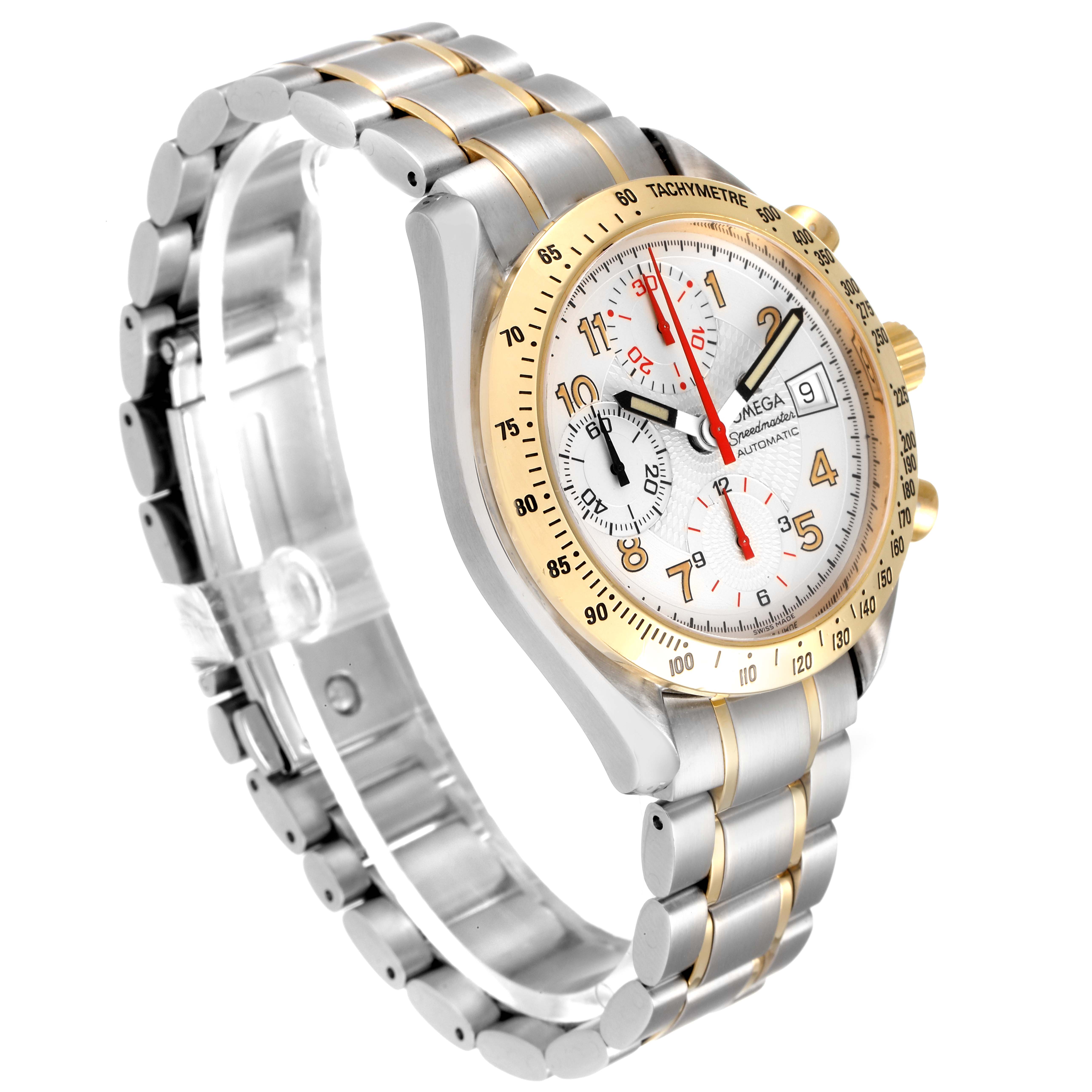 The Omega Speedmaster 3313.33.00 Men's Steel and Gold (two tone) White Dial 3313.33.00 Men's Steel and Gold (two tone) White Dial watch is shown at a three-quarter angle, highlighting the bracelet, bezel, and dial.
