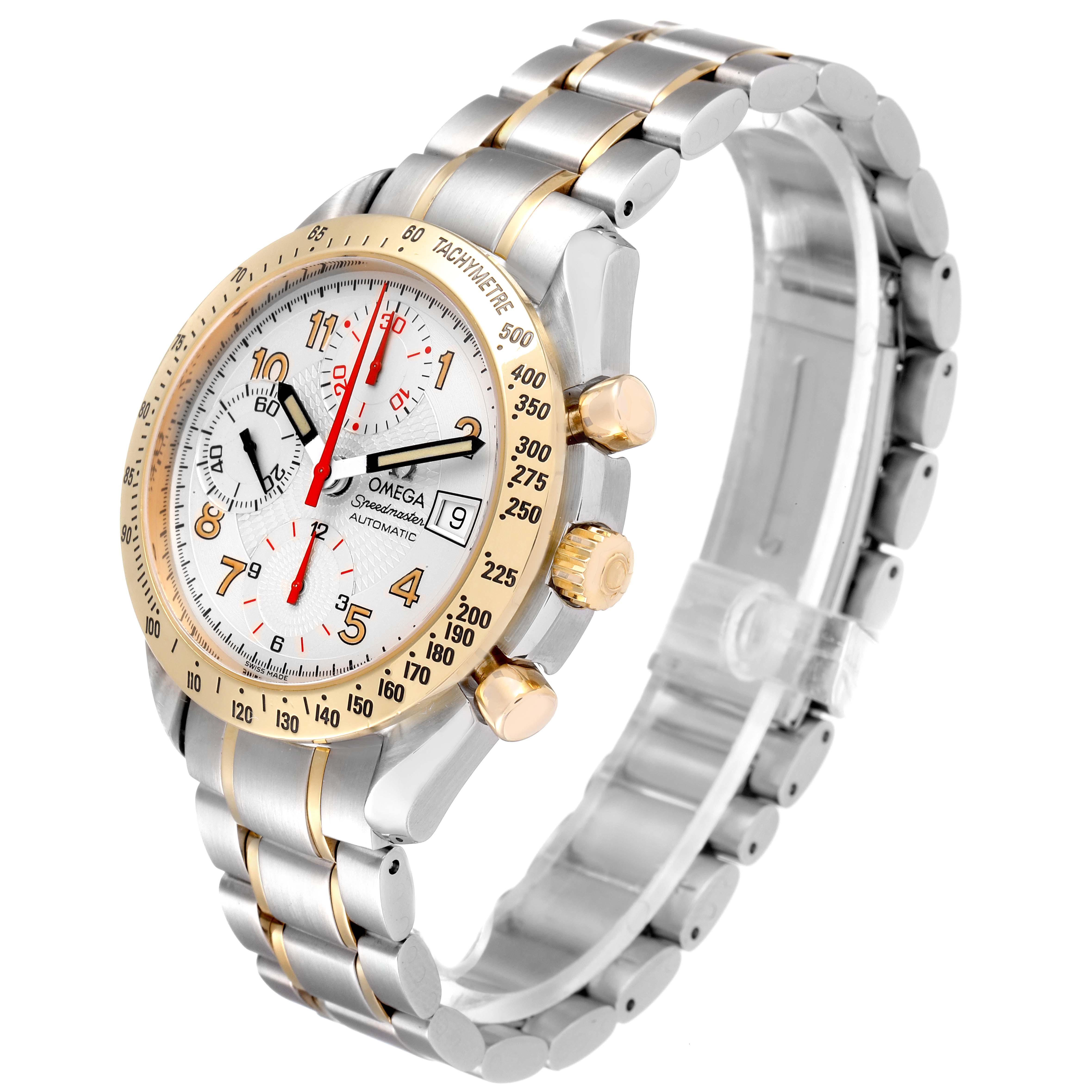 The image shows an angled view of the Omega Speedmaster 3313.33.00 Men's Steel and Gold (two tone) White Dial 3313.33.00 Men's Steel and Gold (two tone) White Dial watch, highlighting its face, bezel, pushers, and bracelet.