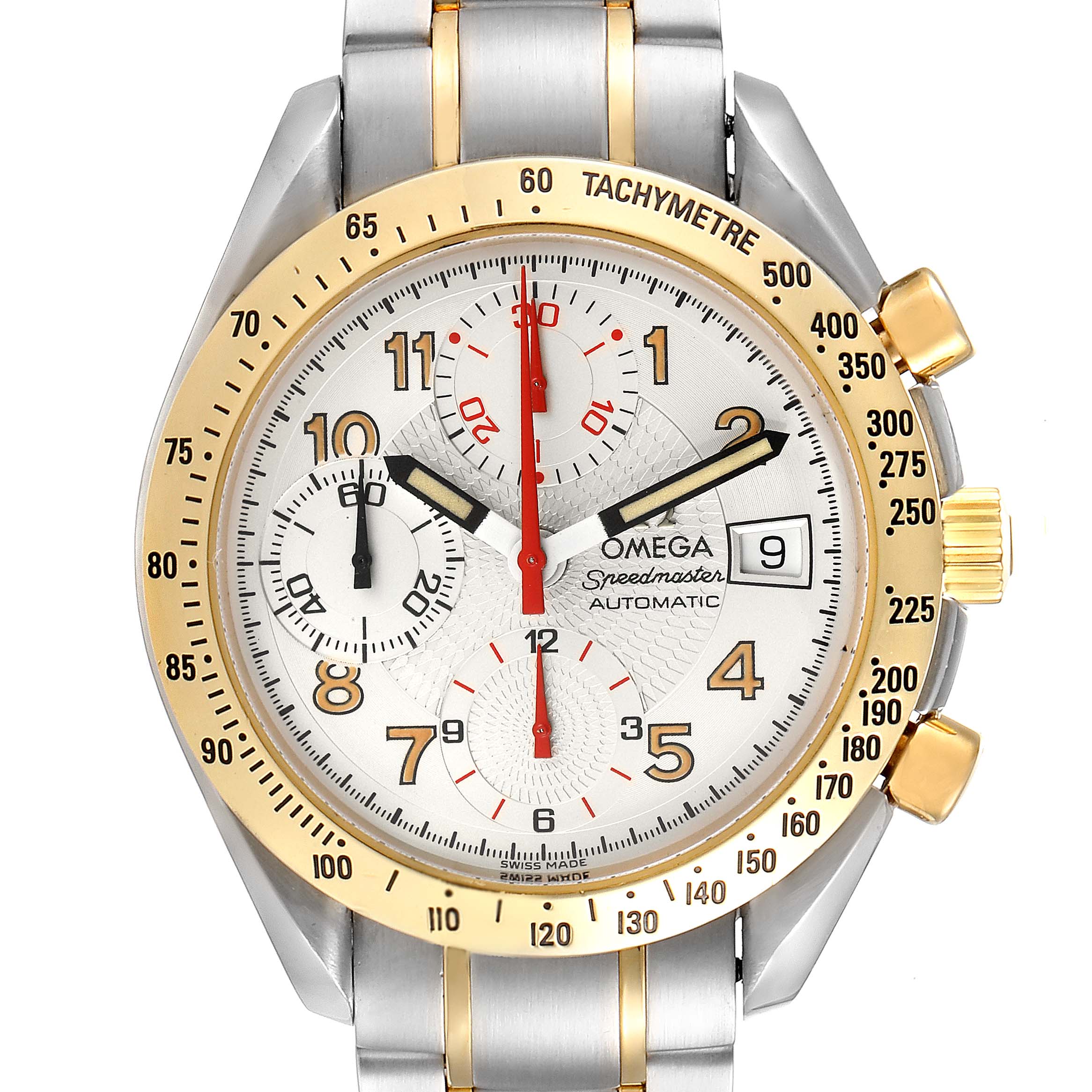 This image shows a front view of the Omega Speedmaster 3313.33.00 Men's Steel and Gold (two tone) White Dial 3313.33.00 Men's Steel and Gold (two tone) White Dial watch, highlighting its dial, bezel, and part of the bracelet.