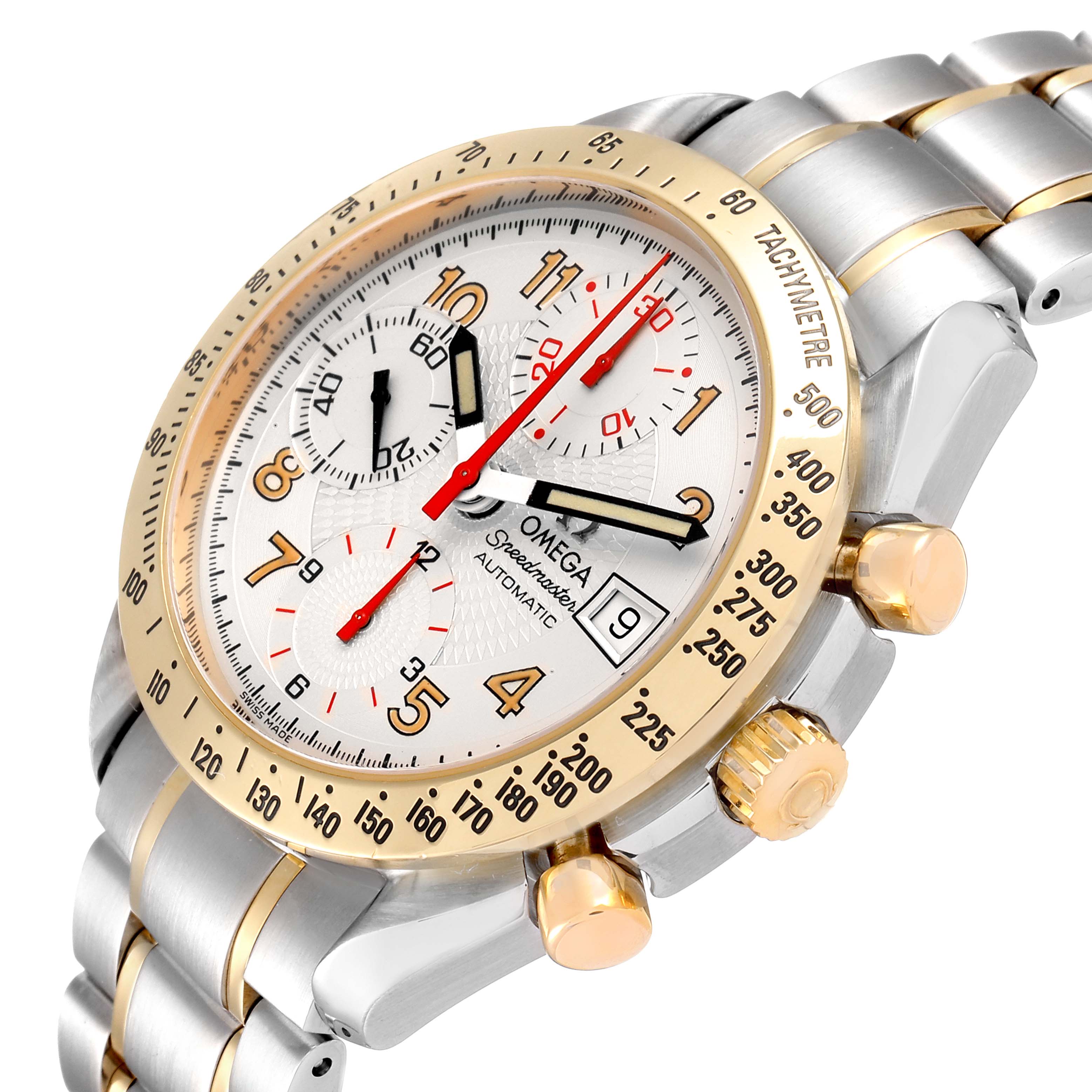 The image shows an angled view of an Omega Speedmaster 3313.33.00 Men's Steel and Gold (two tone) White Dial 3313.33.00 Men's Steel and Gold (two tone) White Dial watch, highlighting its face, bezel, crown, pushers, and bracelet.