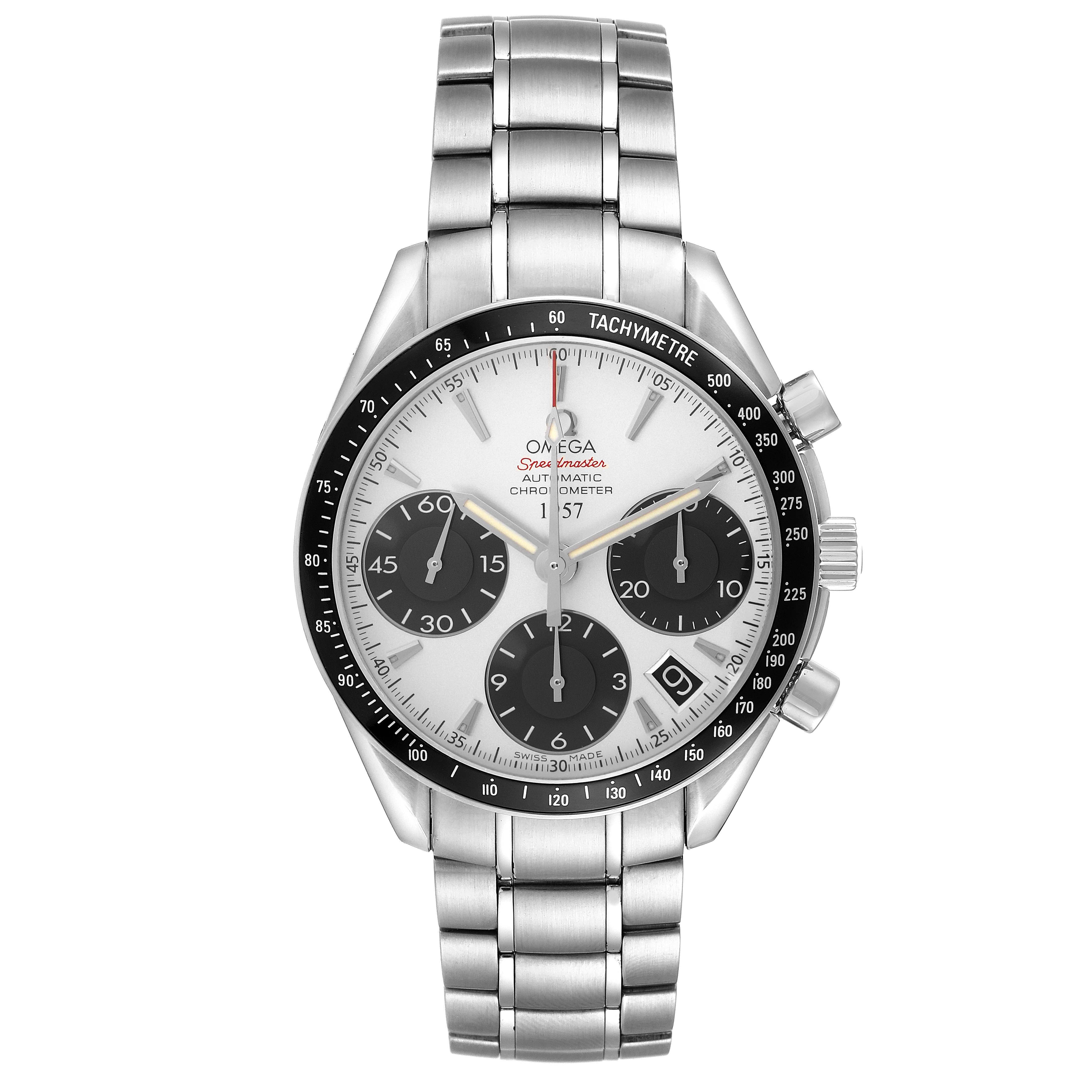 The Omega Speedmaster model 323.30.40.40.02.001 is shown from a front angle, highlighting the dial, tachymeter bezel, subdials, and bracelet.