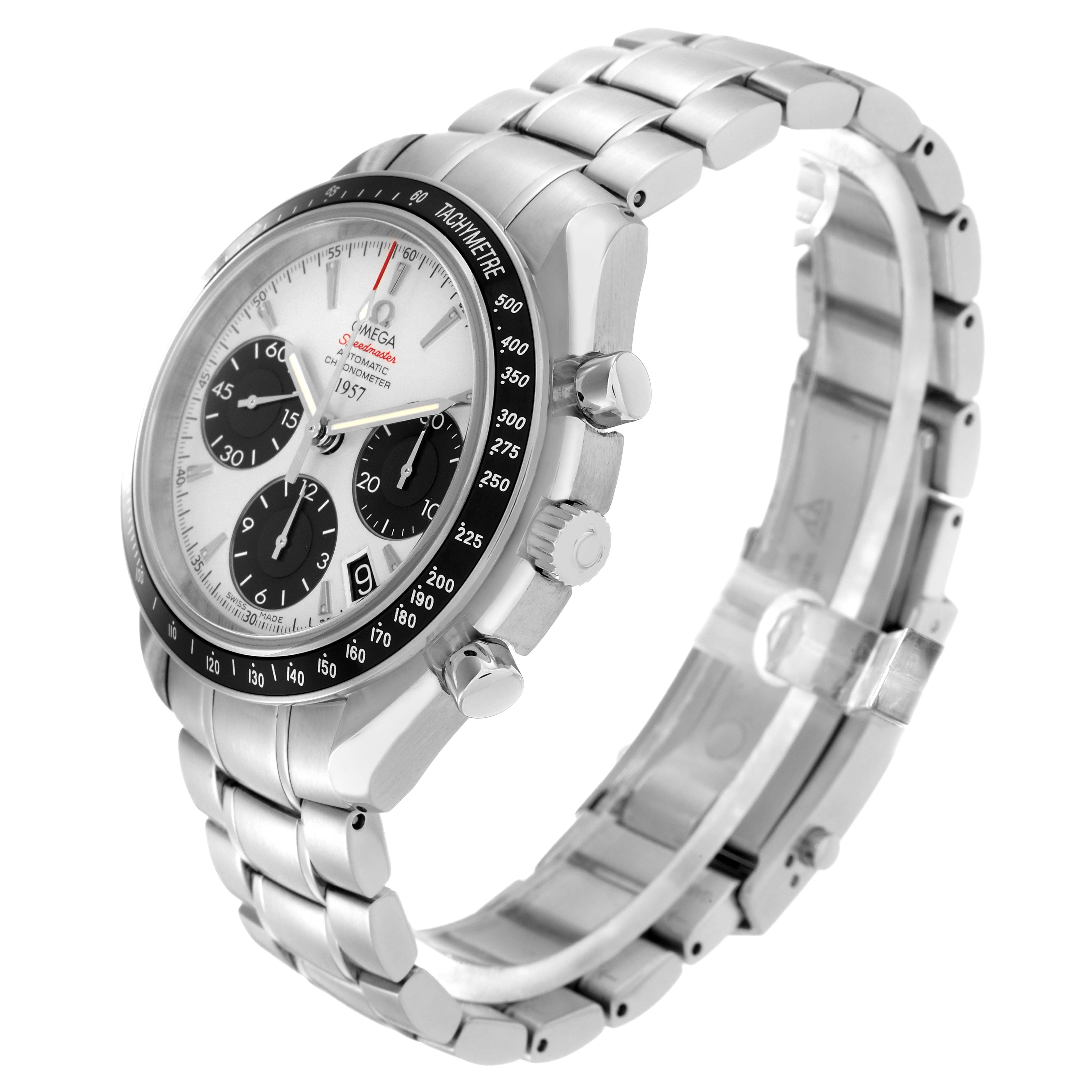 The Omega Speedmaster model 323.30.40.40.02.001 is shown at an angle highlighting the face, bezel, side buttons, and bracelet.