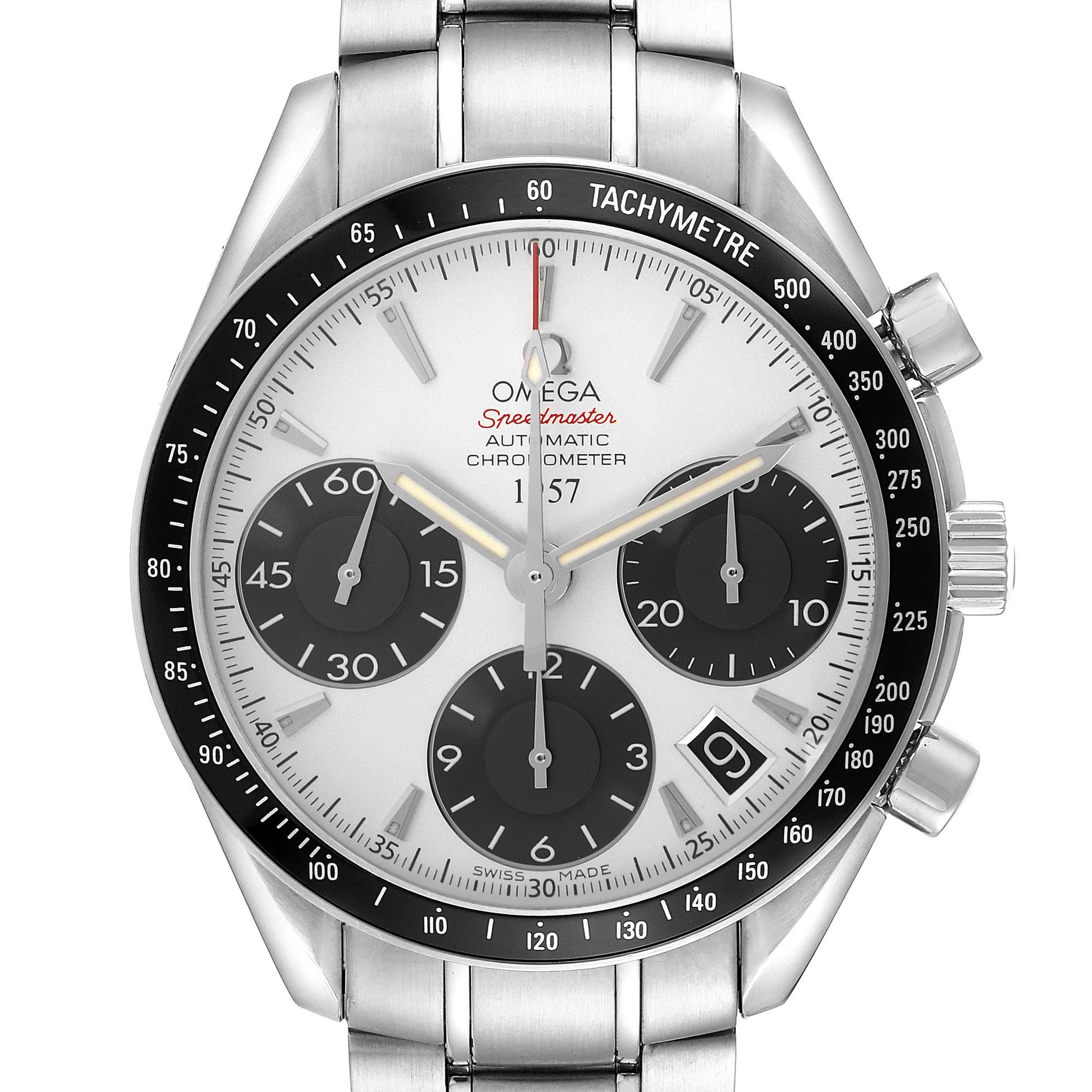 The Omega Speedmaster model 323.30.40.40.02.001 watch is shown from a front angle displaying the face, bezel, subdials, and part of the stainless steel bracelet.