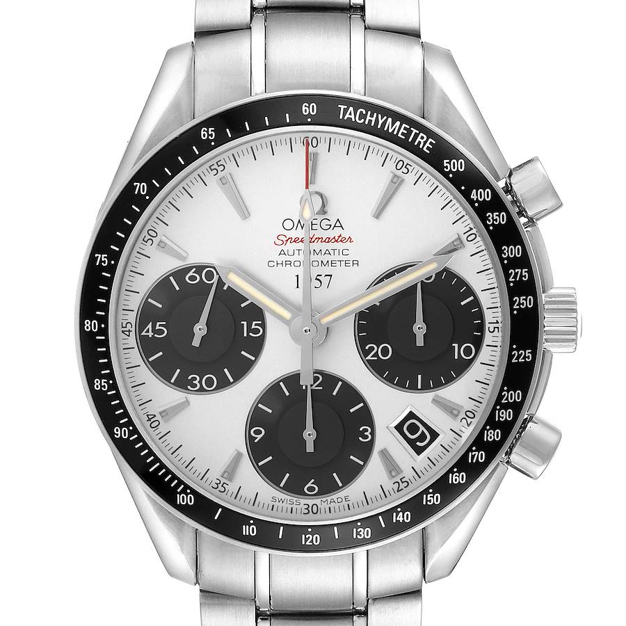 The Omega Speedmaster model 323.30.40.40.02.001 watch is shown from a front angle displaying the face, bezel, subdials, and part of the stainless steel bracelet.