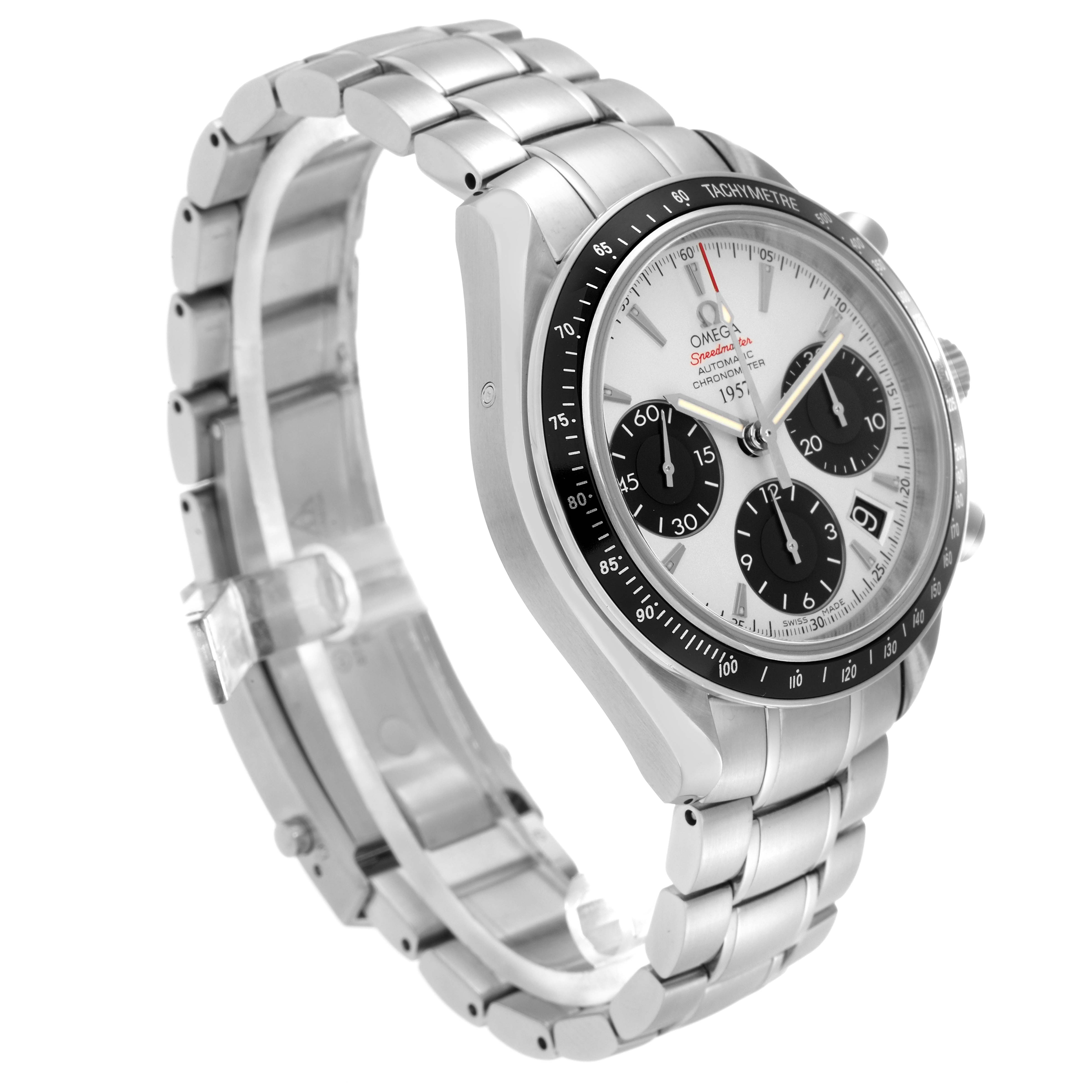 The Omega Speedmaster 323.30.40.40.02.001 is shown at a side angle, highlighting its stainless steel bracelet and white chronograph dial with black sub-dials.