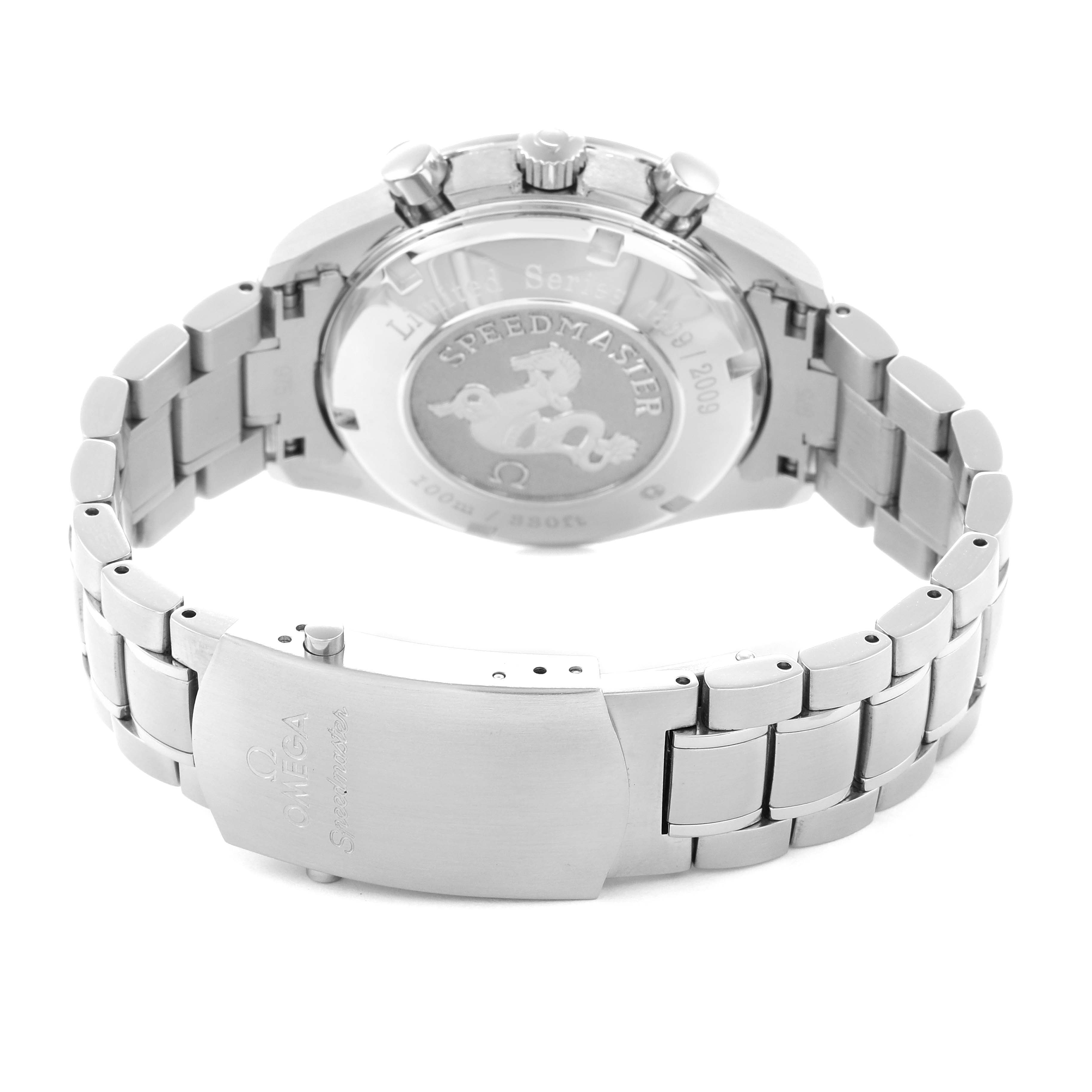 The image shows the back view of the Omega Speedmaster model 323.30.40.40.02.001, highlighting the case back, bracelet, and clasp.