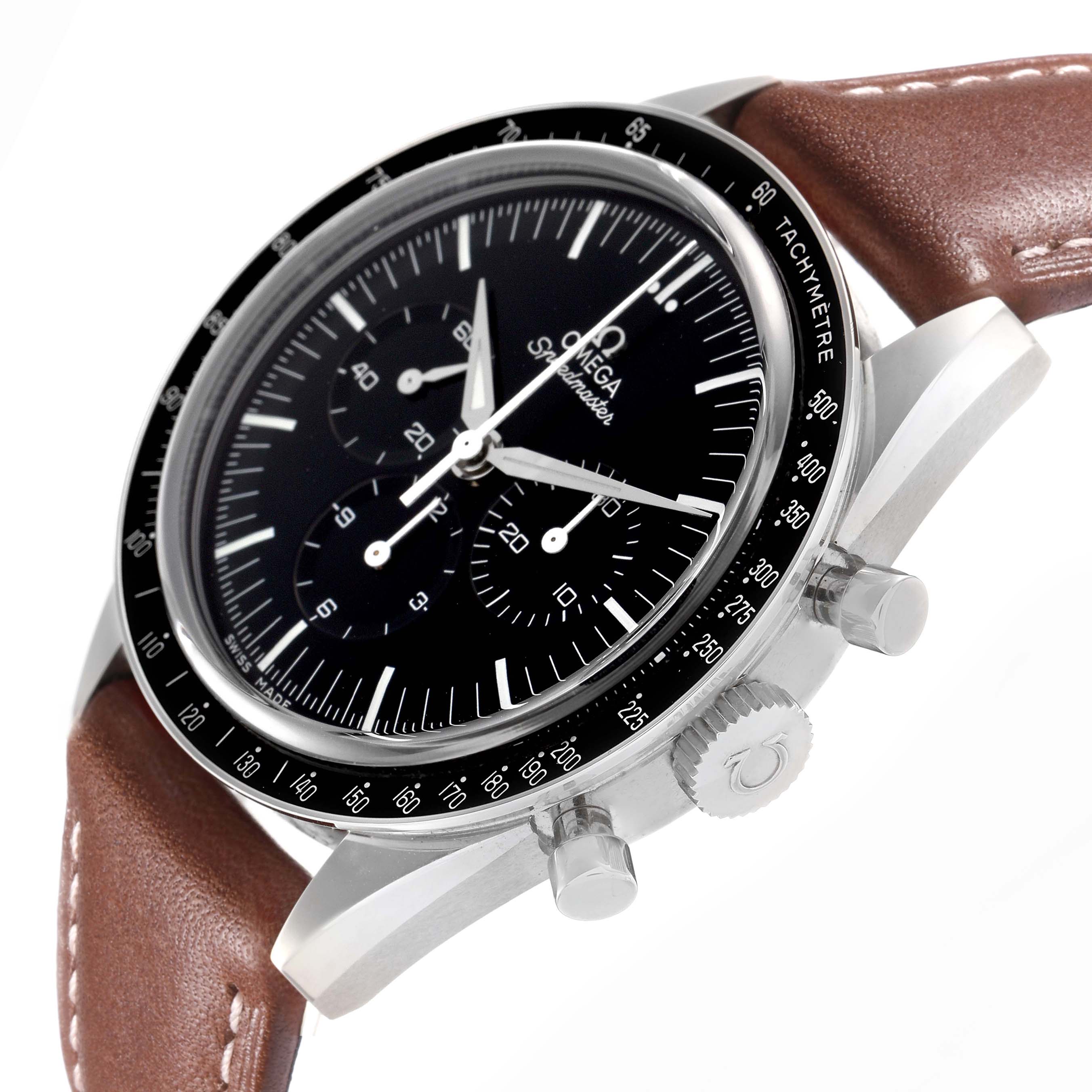 The image shows an Omega Speedmaster model 311.32.40.30.01.001 at a tilted angle, highlighting the black dial, tachymeter bezel, pushers, and brown leather strap.