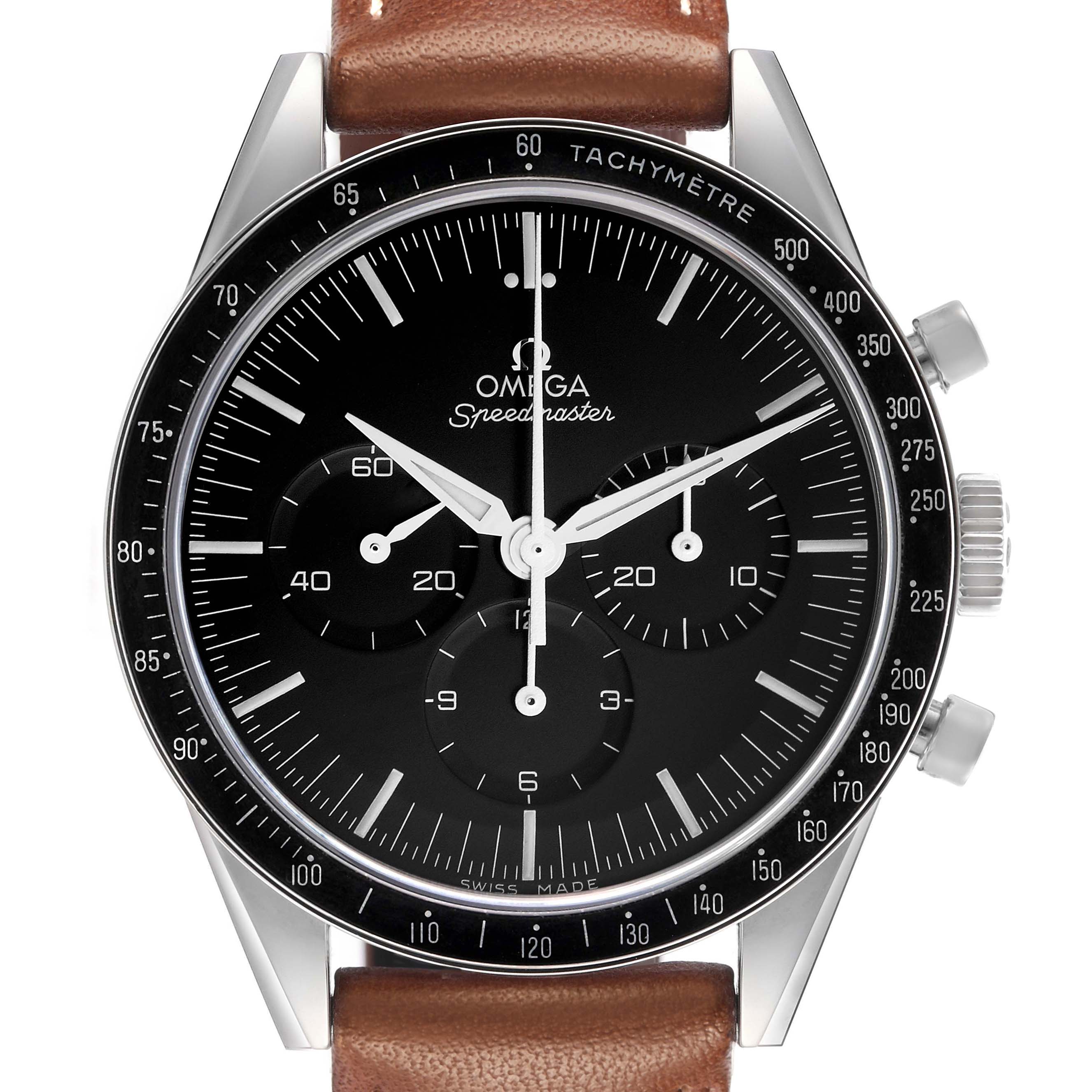 The Omega Speedmaster, model 311.32.40.30.01.001, is shown from the front highlighting its black dial, tachymeter bezel, subdials, and brown leather strap.
