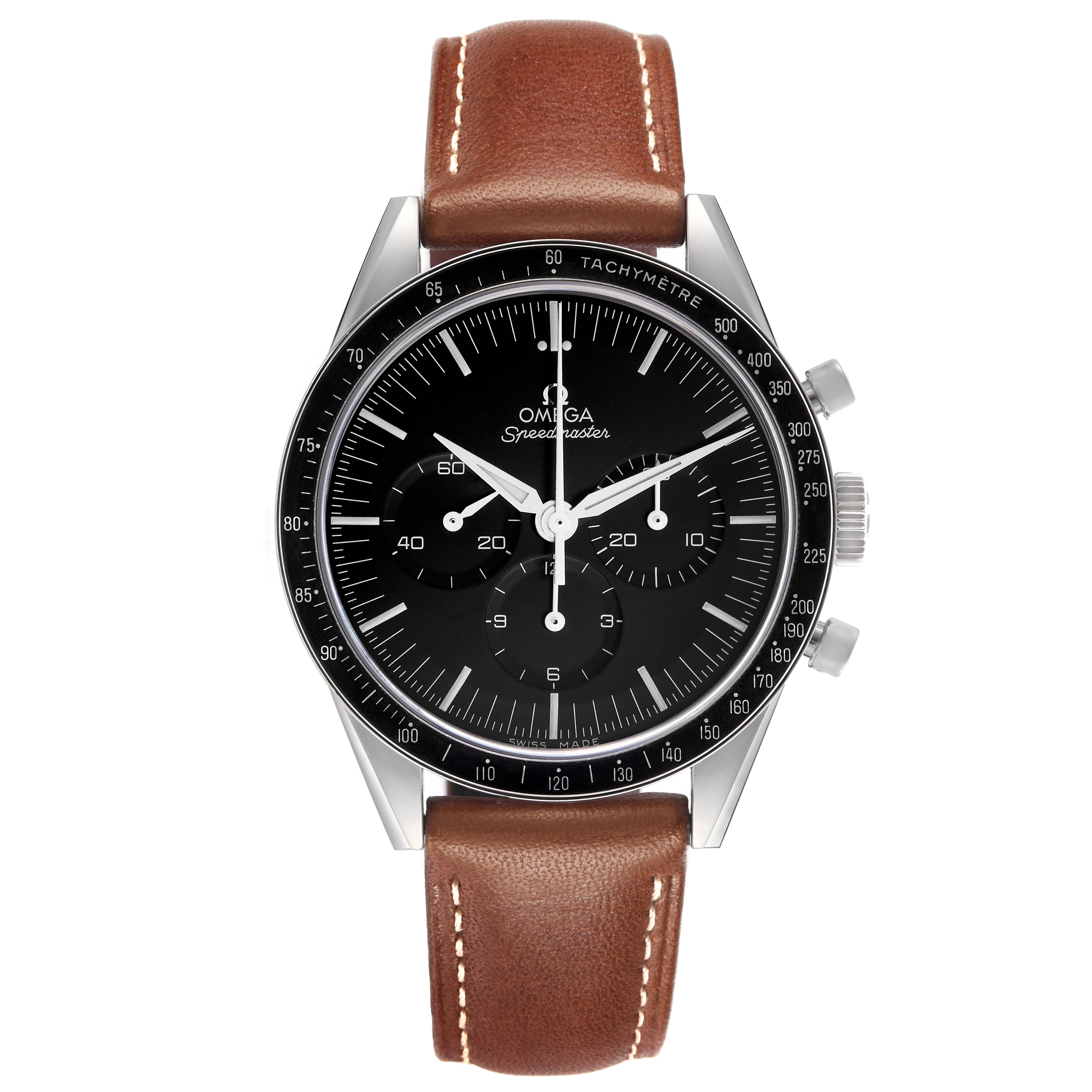 The image shows the Omega Speedmaster model 311.32.40.30.01.001 from a frontal angle, highlighting its black dial, subdials, and brown leather strap.