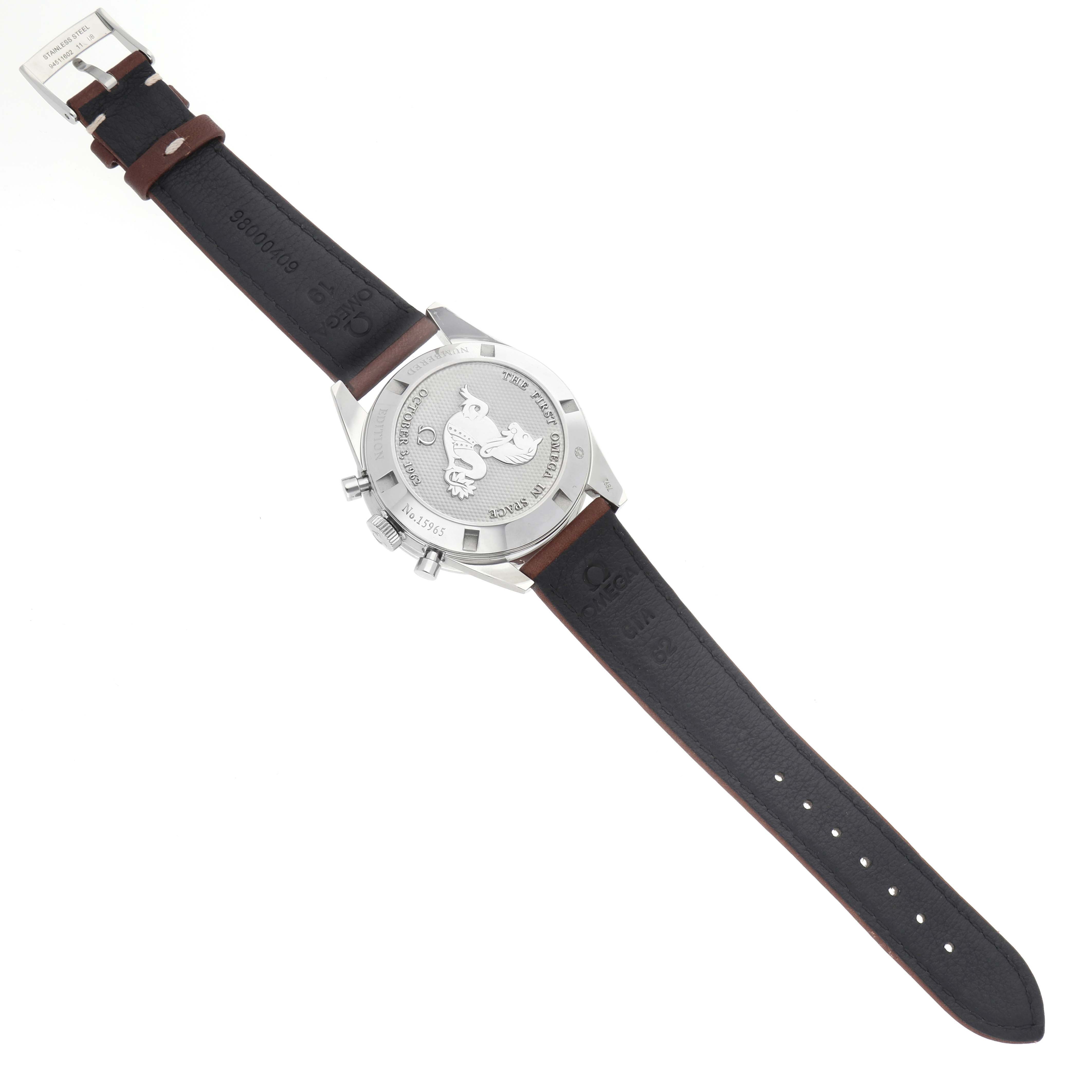 The image shows the back of the Omega Speedmaster model 311.32.40.30.01.001 men's watch, highlighting the embossed case back and leather strap.