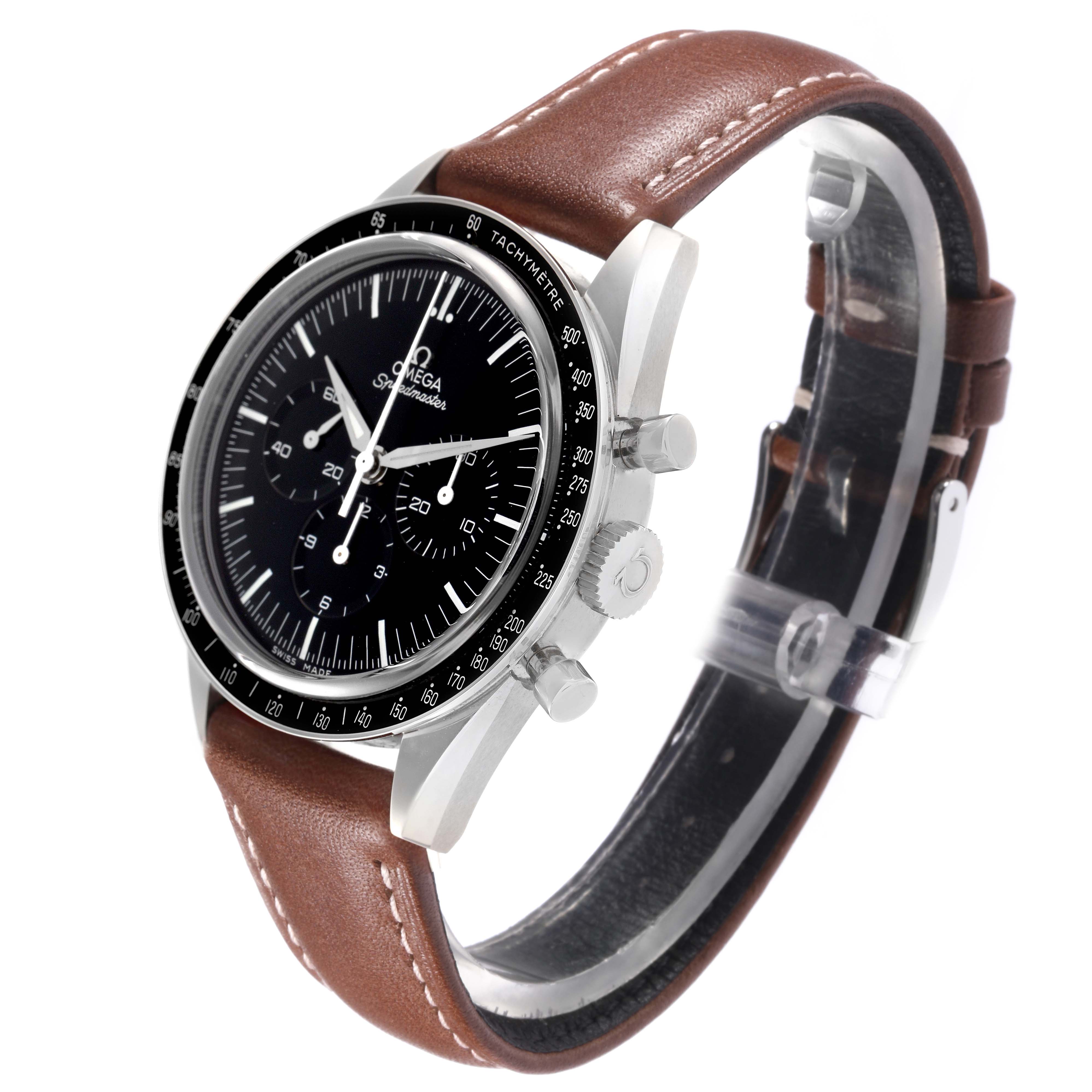 The image shows an Omega Speedmaster model 311.32.40.30.01.001 at a three-quarter angle, highlighting the watch face, crown, brown leather strap, and tachymeter bezel.