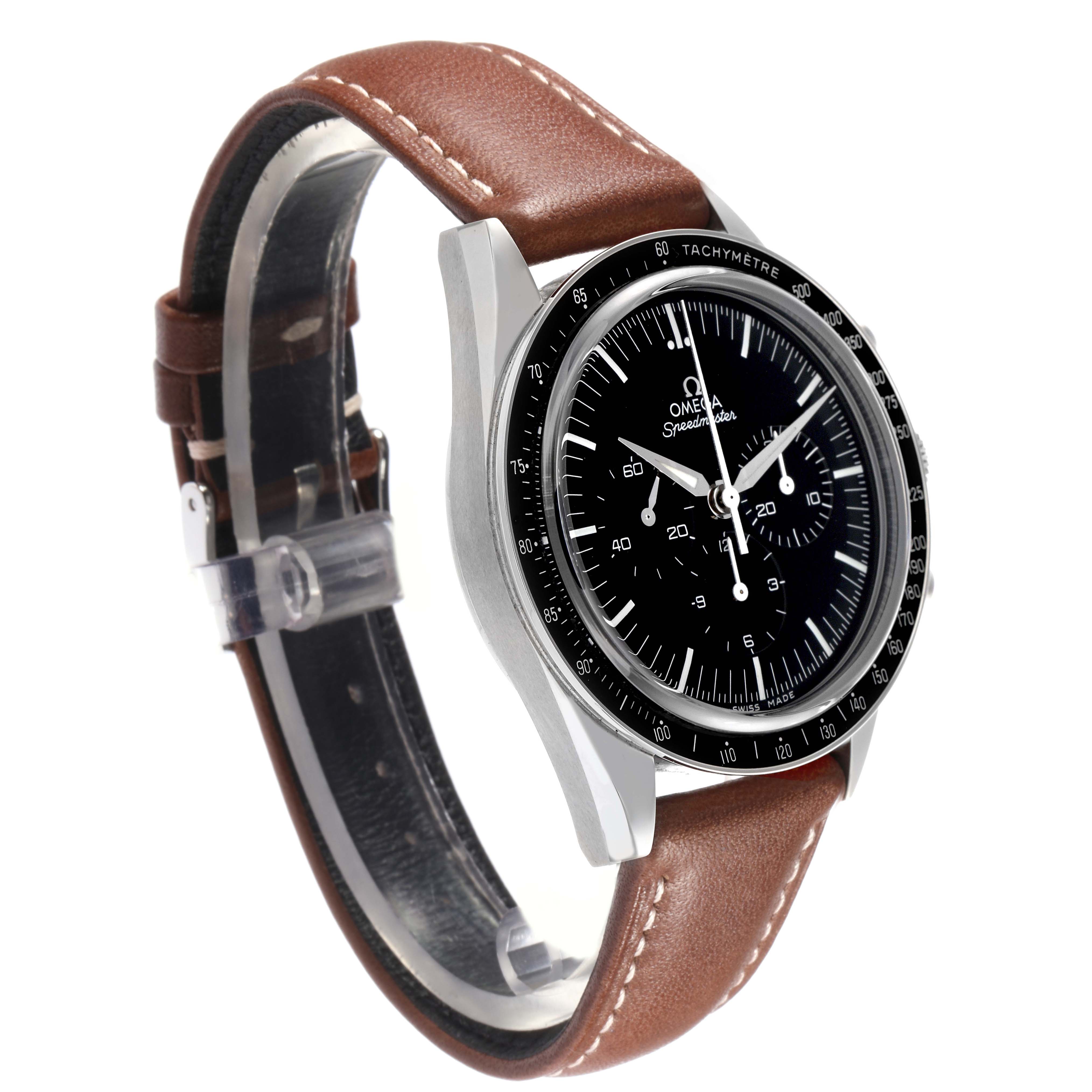 The Omega Speedmaster model 311.32.40.30.01.001 is shown at a side angle, displaying its brown leather strap, stainless steel case, and black dial with tachymeter bezel.