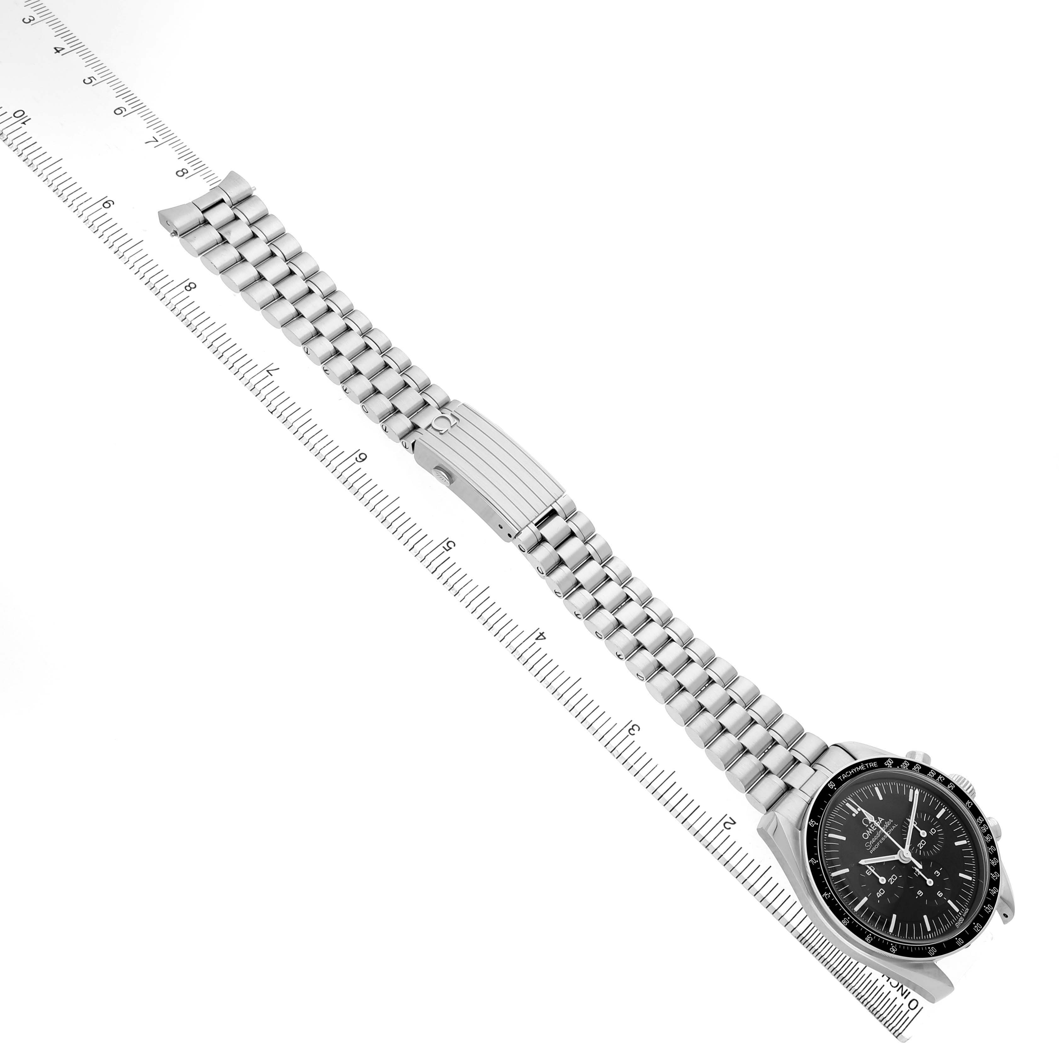 The Omega Speedmaster 310.30.42.50.01.001 Men's Stainless Steel Black Dial watch is shown from a top-down angle, displaying the face, bezel, and full metal bracelet with a clasp.