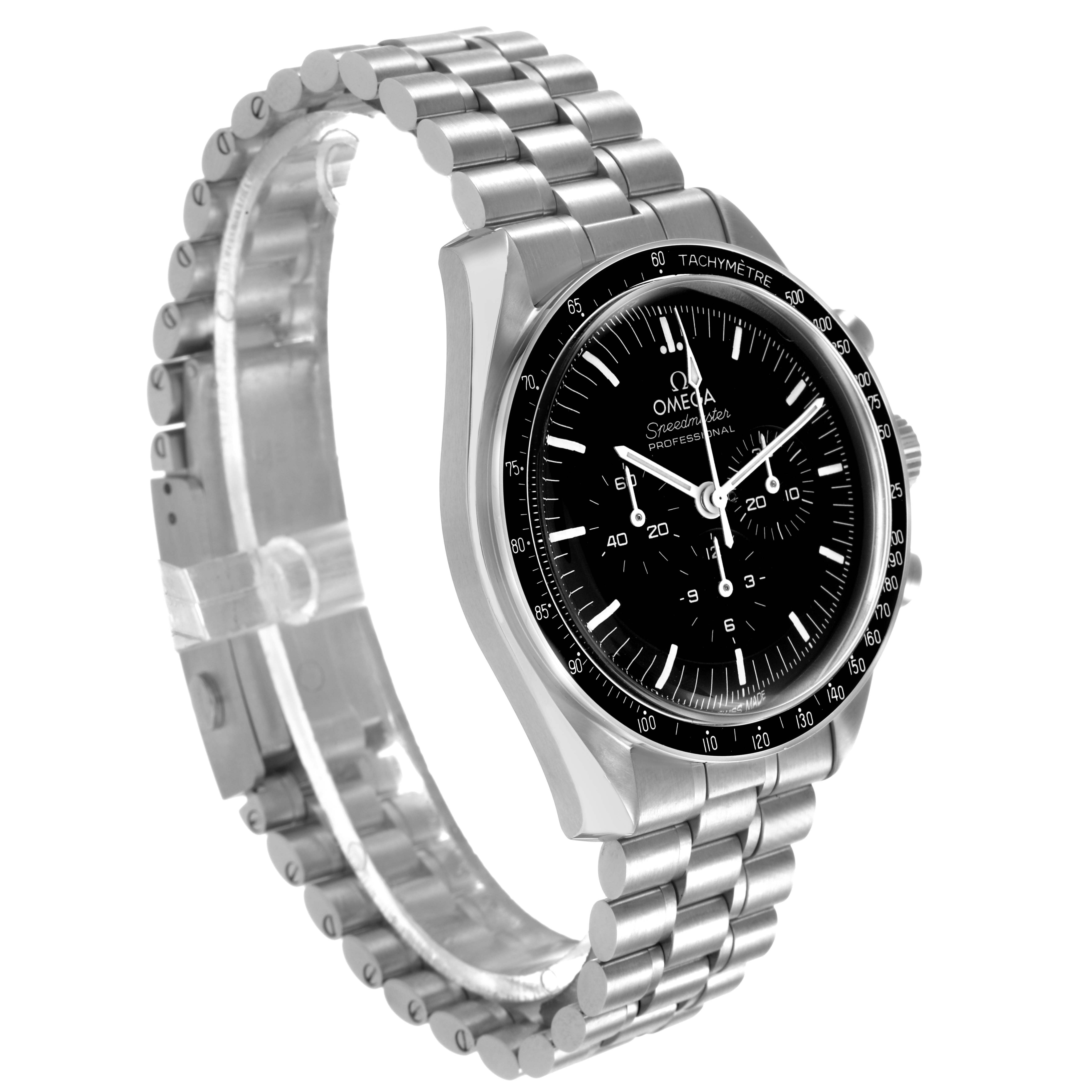 The Omega Speedmaster 310.30.42.50.01.001 Men's Stainless Steel Black Dial watch is shown at an angle displaying the face, bezel, and stainless steel bracelet.