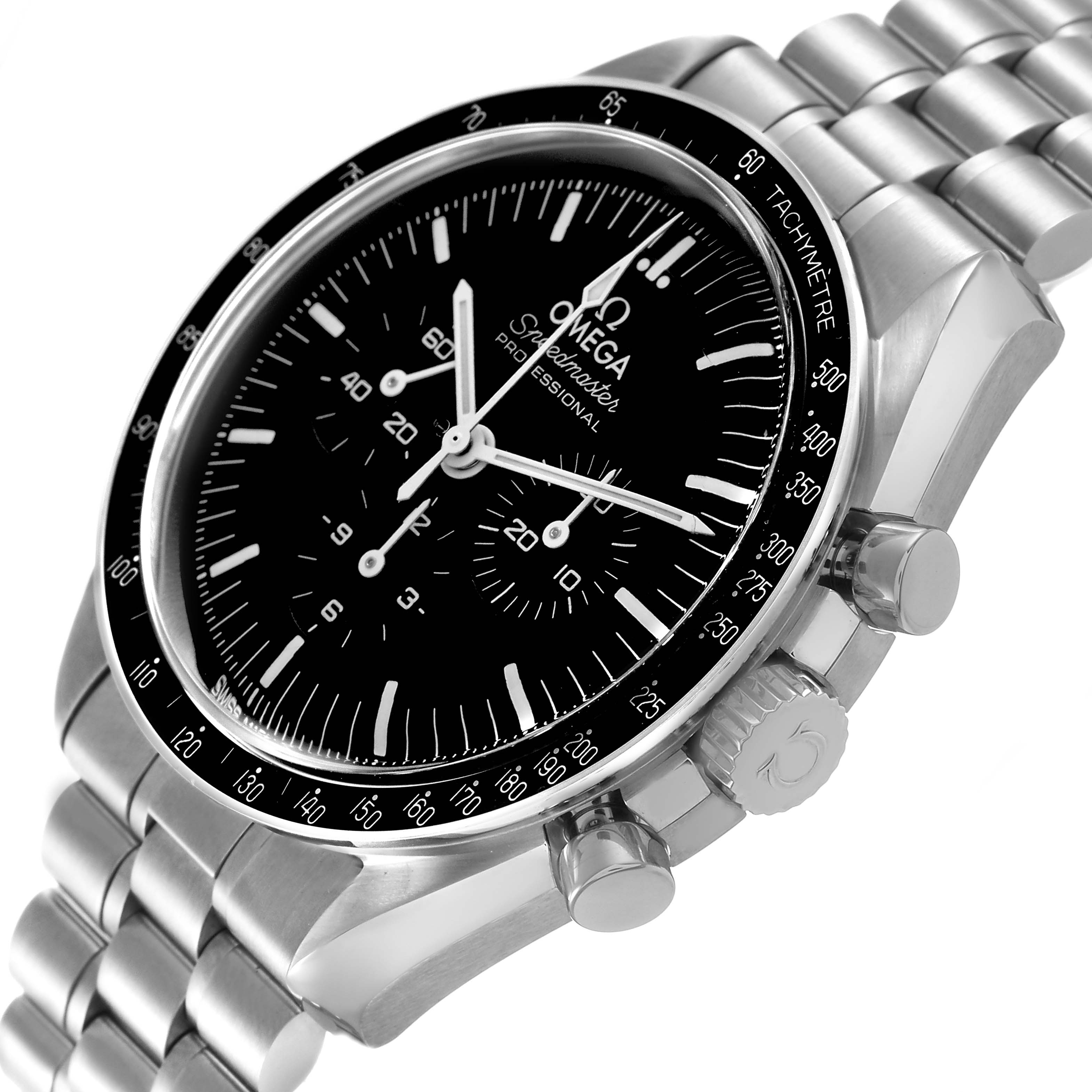 The Omega Speedmaster 310.30.42.50.01.001 Men's Stainless Steel Black Dial watch is shown at a three-quarter angle, highlighting the face, bezel, crown, pushers, and metal bracelet.