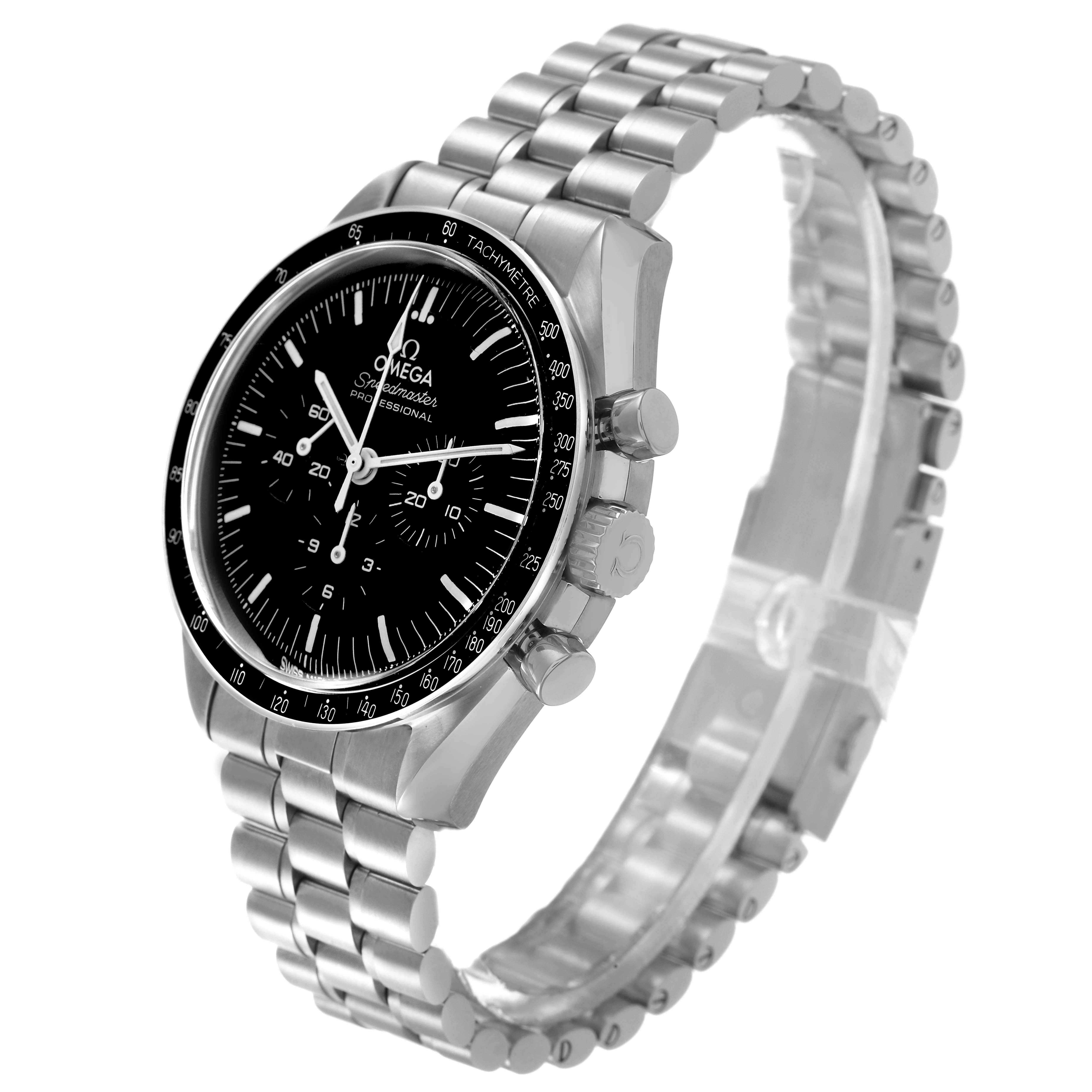 The Omega Speedmaster 310.30.42.50.01.001 Men's Stainless Steel Black Dial is shown at a three-quarter angle, highlighting the bezel, dial, bracelet, and crown.